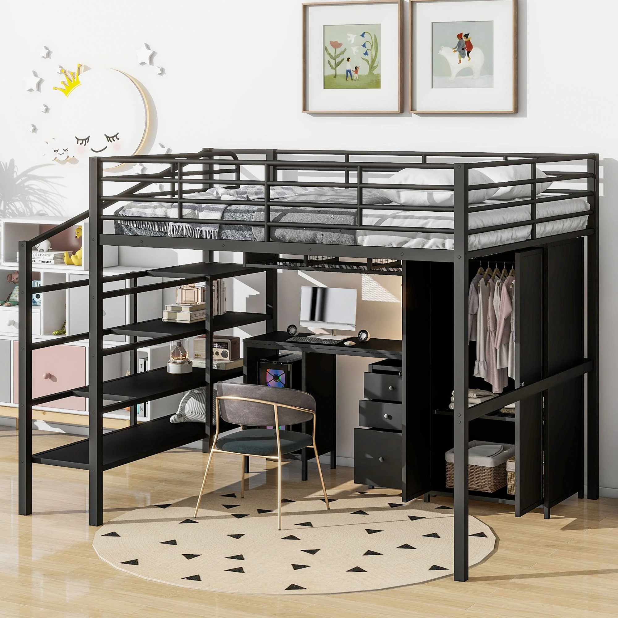 Full Size Loft Bed With Desk Set And Wardrobe - Black - Image 2