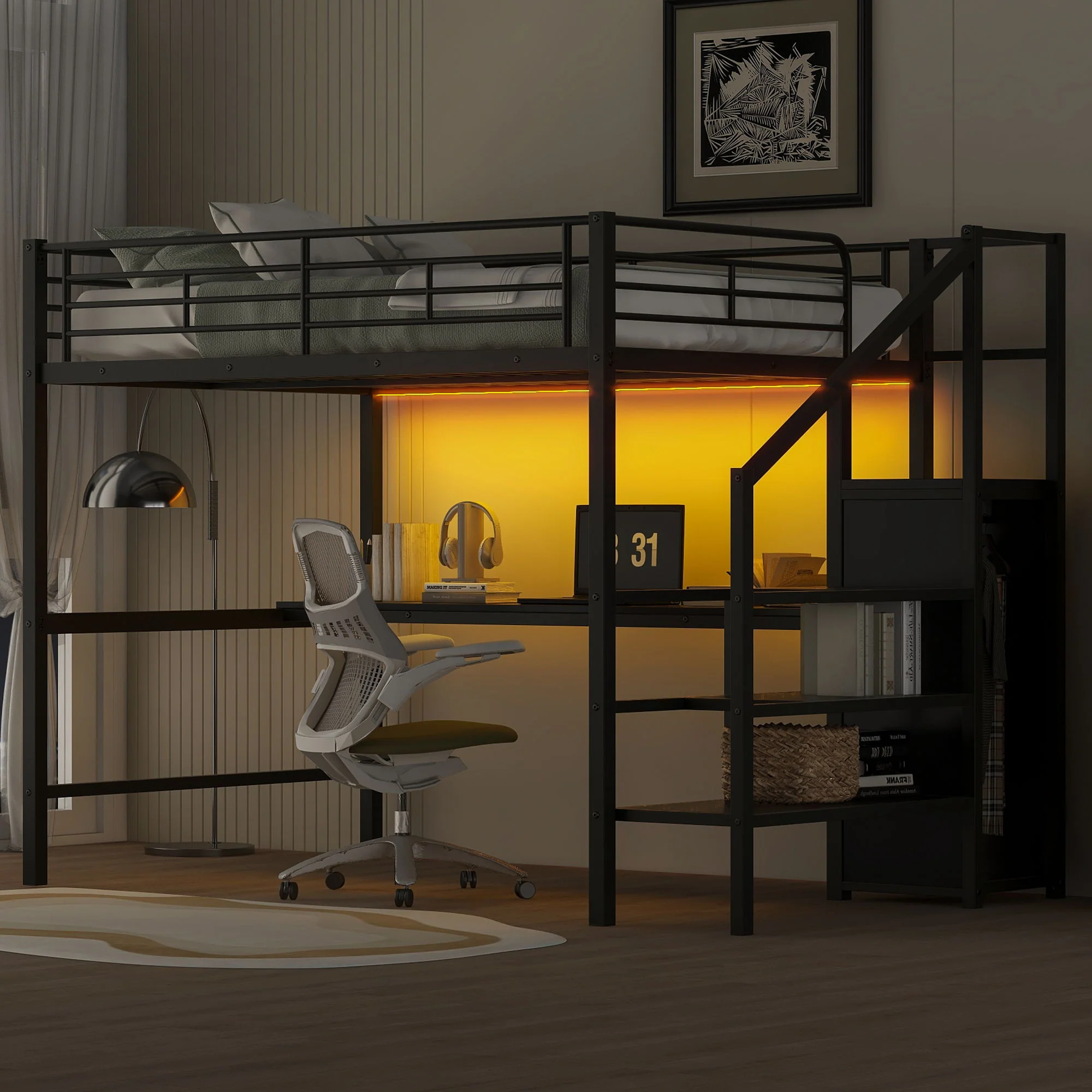 Full Size Loft Bed With Desk, Storage Staircase, Small Wardrobe And LED Light - Black - Image 3