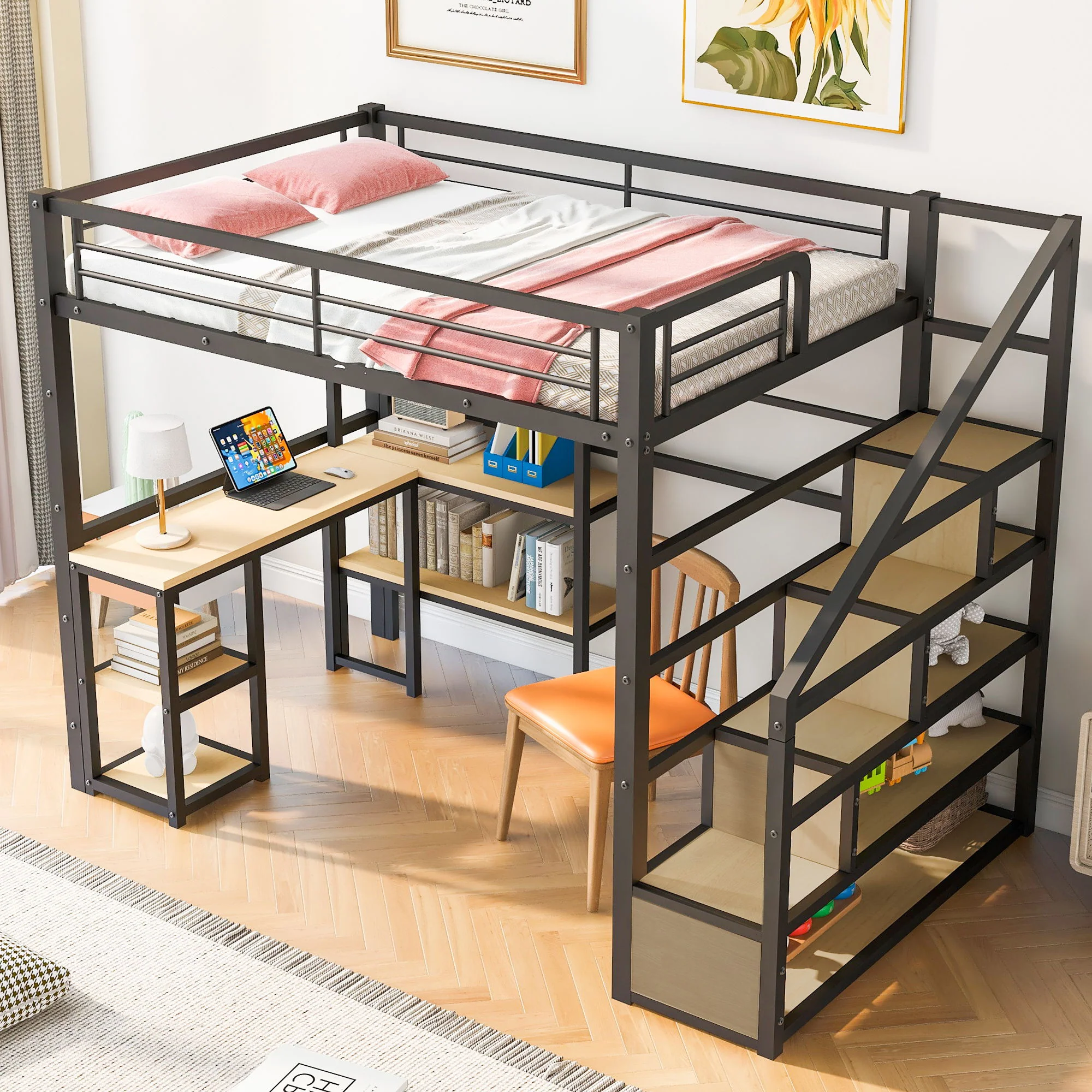 Full Size Loft Bed With Staircase, Built In Desk And Shelves And Sleeping Surface - Black - Image 2
