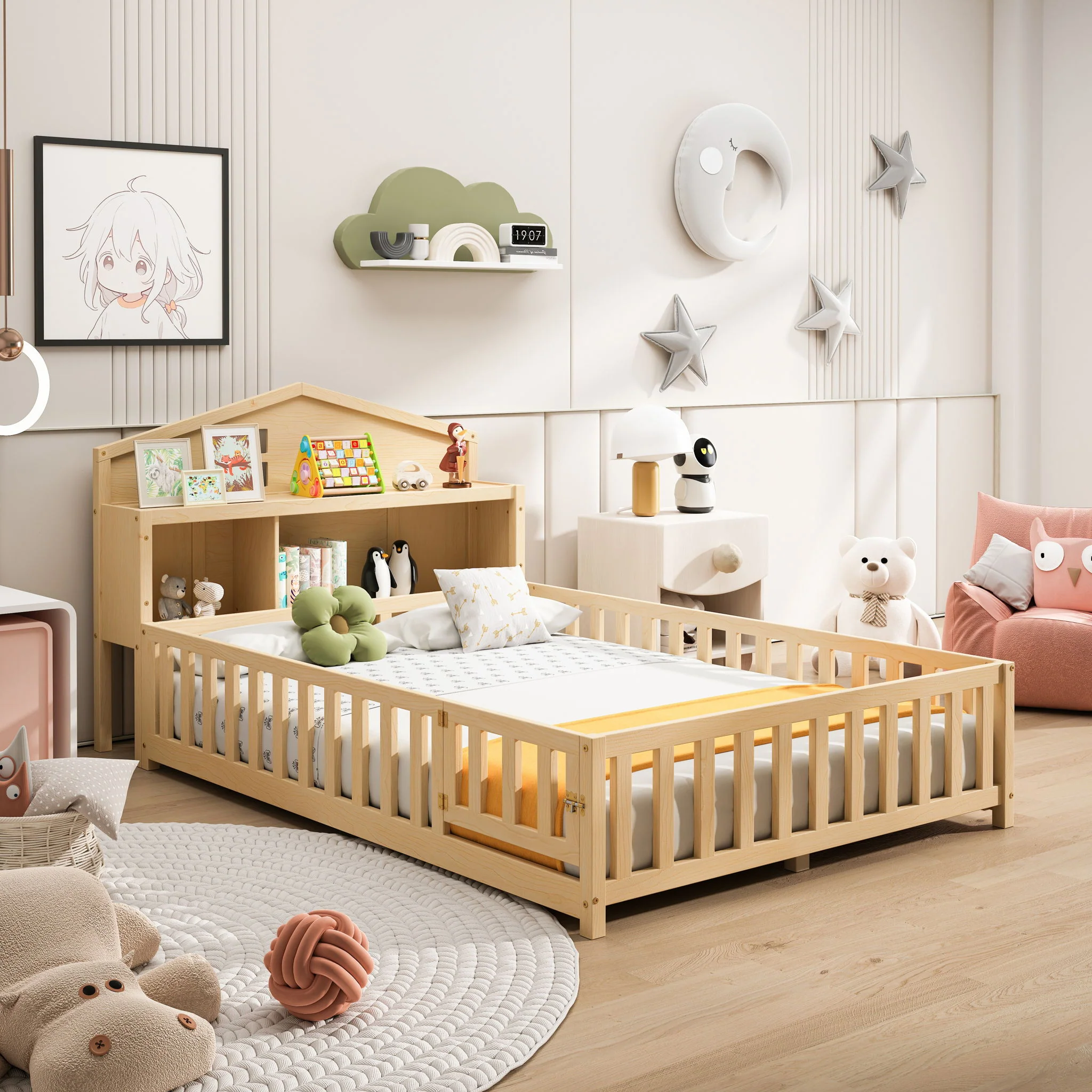 Full Size Montessori Floor Bed With Bookcases And boards, Solid Wood Platform Bed With Guard Rails And Storage Headboards - Natural - Image 2