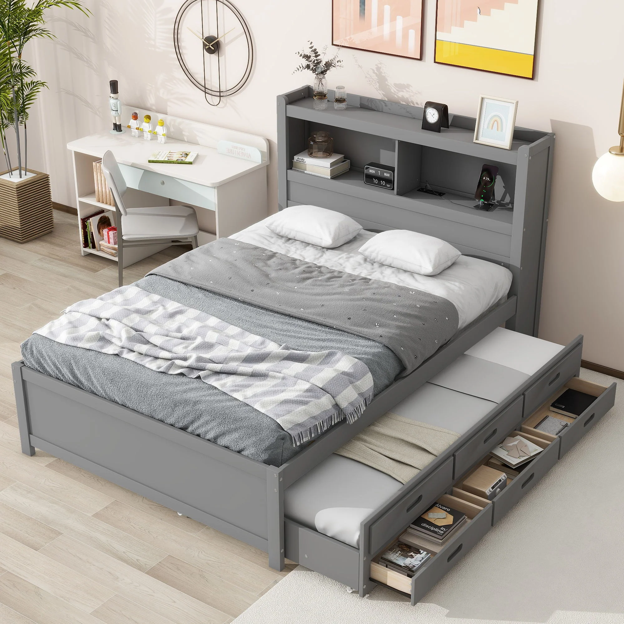 Full Size Platform Bed With Trundle, Drawers, USB Ports And Built In Shelves - Gray - Image 2
