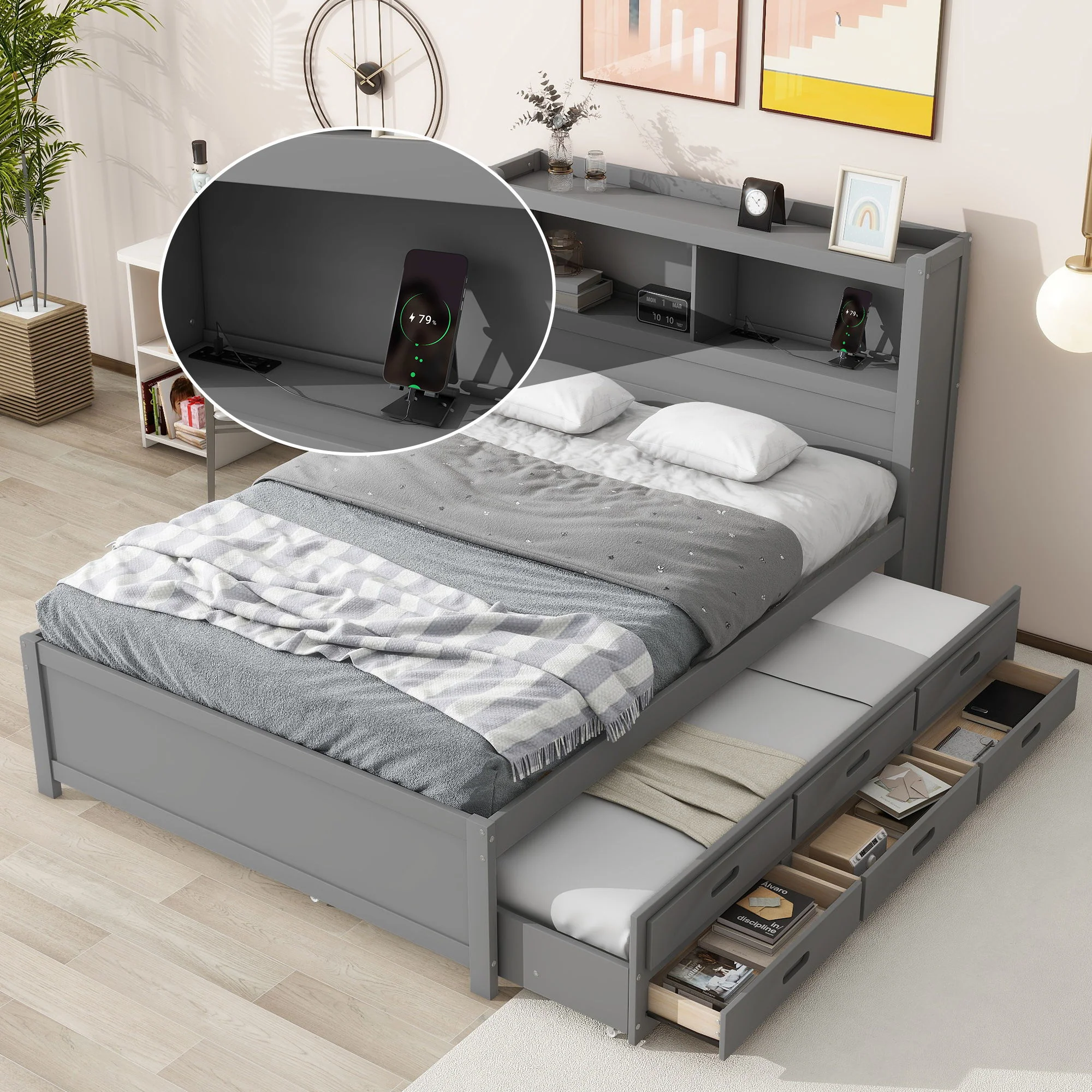 Full Size Platform Bed With Trundle, Drawers, USB Ports And Built In Shelves - Gray - Image 3