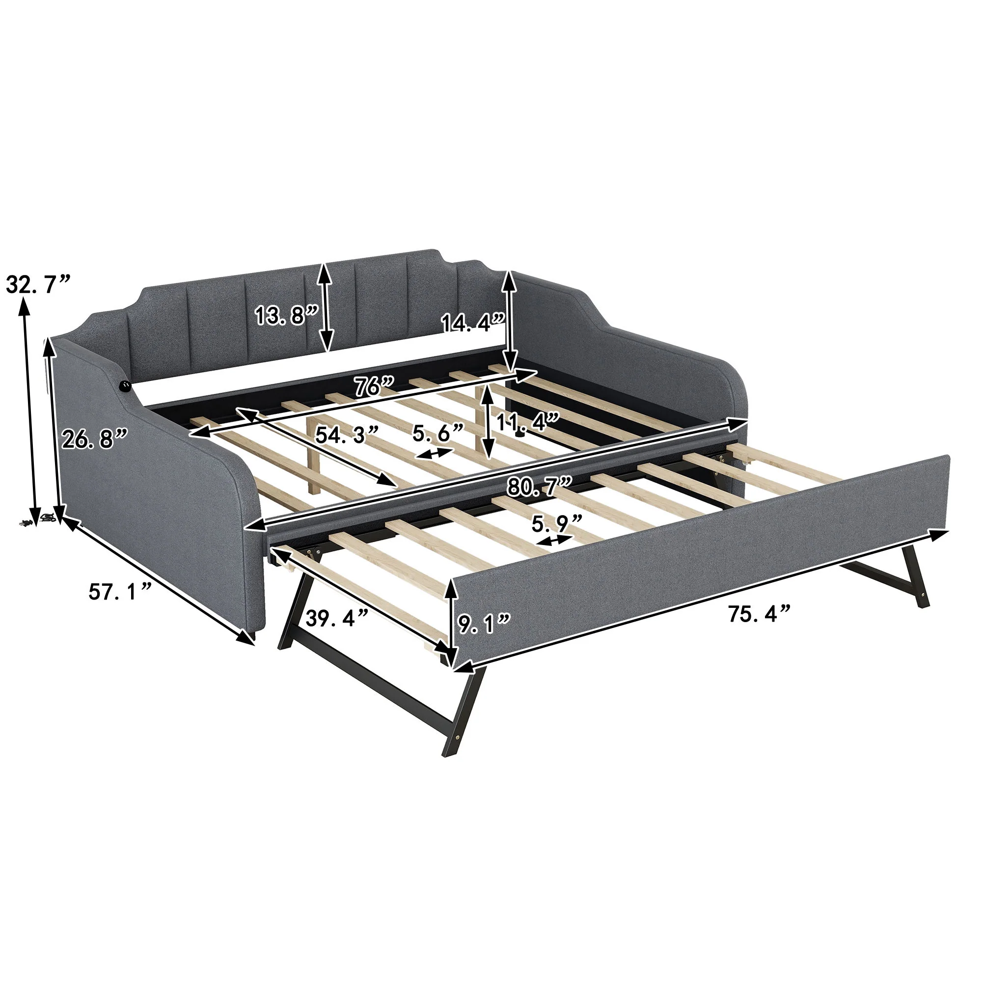Full Size Upholstered Daybed With Trundle And USB Charging - Gray - Image 3