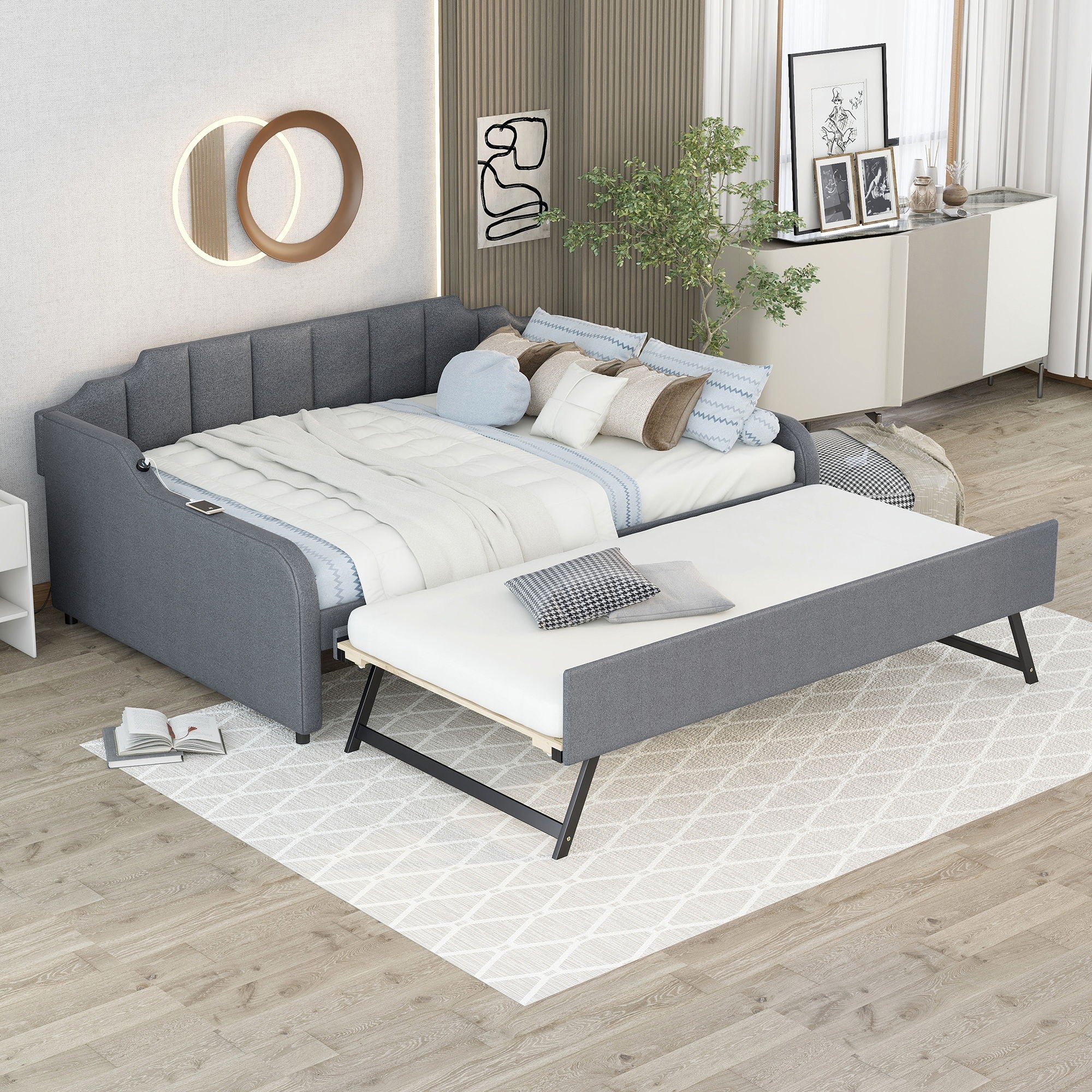 Full Size Upholstered Daybed With Trundle And USB Charging - Gray - Image 4