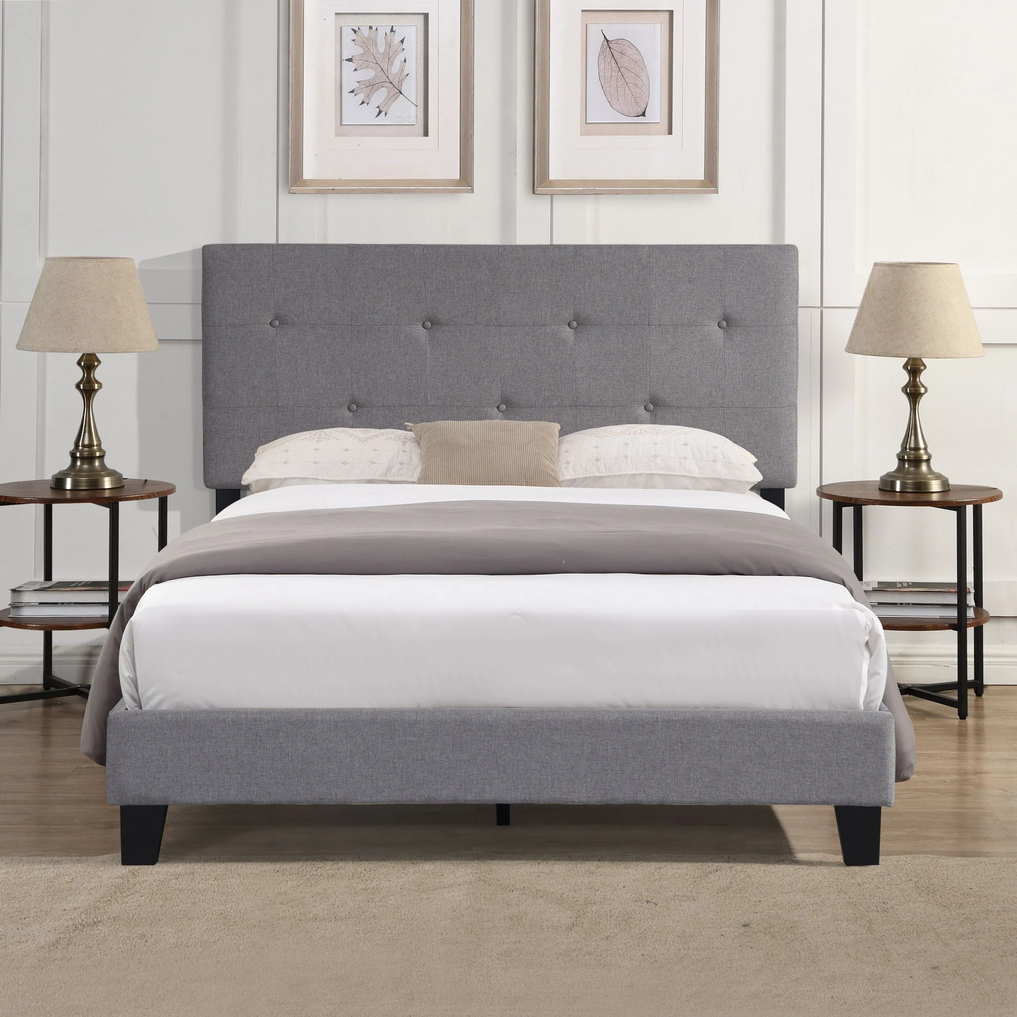 Full Size Upholstered Platform Bed Frame With Modern Button Tufted Linen Fabric Headboard, No Box Spring Needed, Wood Slat Support - Gray - Image 3