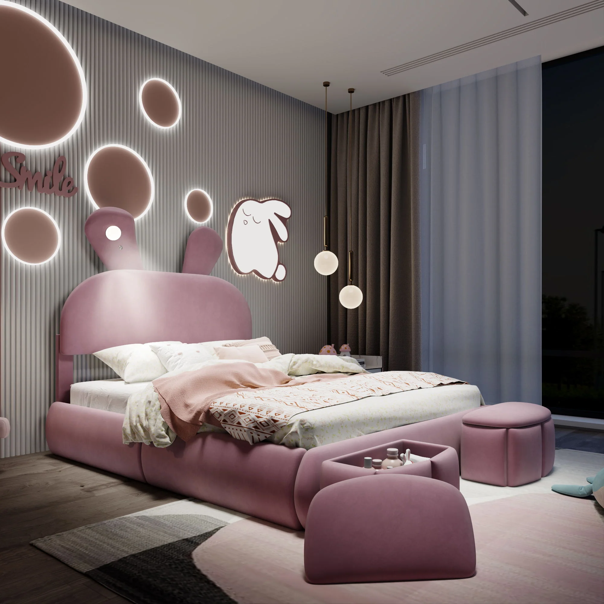 Full Upholstered Platform Bed With Cartoon Ears Headboard And LED Light - Pink - Image 2