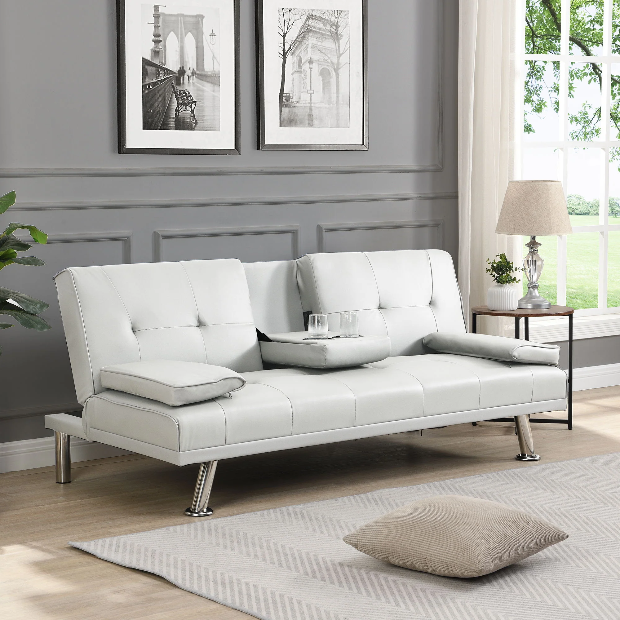 Futon Sofa Bed With Armrest Two Holders Wood Frame, Stainless Leg - Image 2