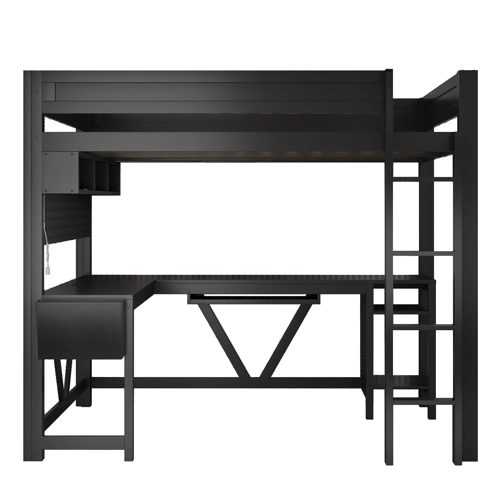 Gaming Loft Bed With Desk, Storage Shelves, LED And Charging Station