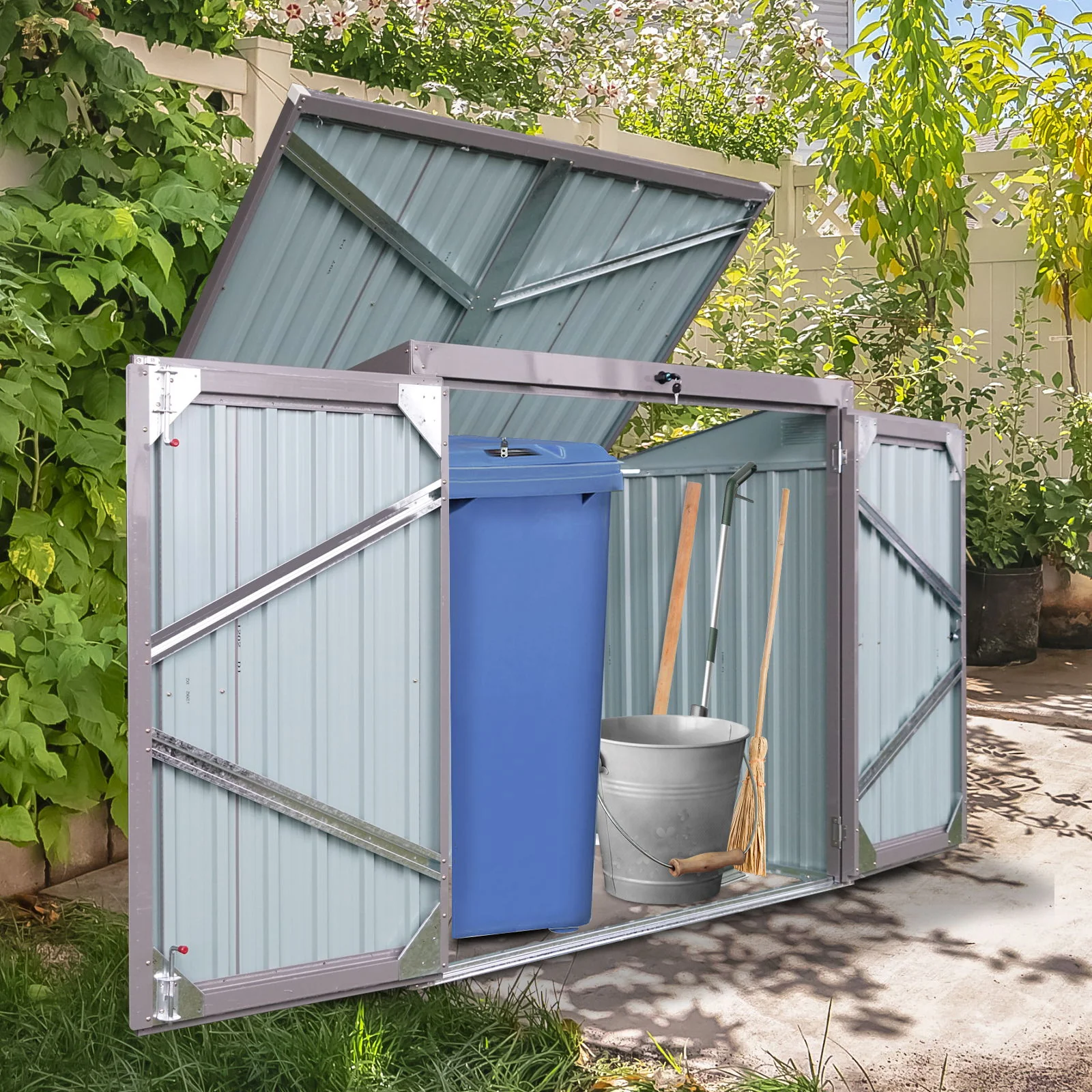 Garbage Bin Shed Stores 2 Trash Cans Metal Outdoor Bin Shed For Garbage Storage - Image 2