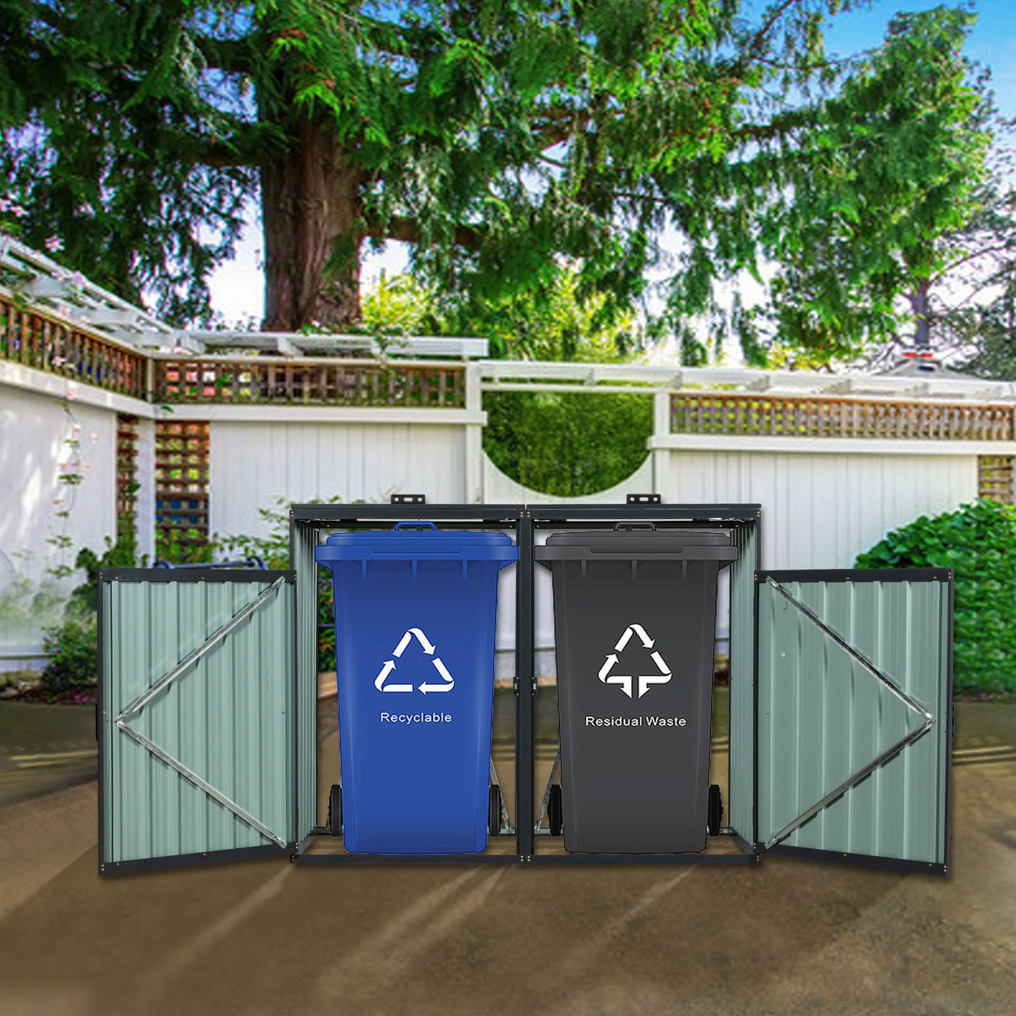 Garbage Bin Shed Stores 2 Trash Cans Metal Outdoor Bin Shed For Garbage Storage, Stainless Galvanized Steel, Bin Shed For Garden Yard Lawn - Image 6