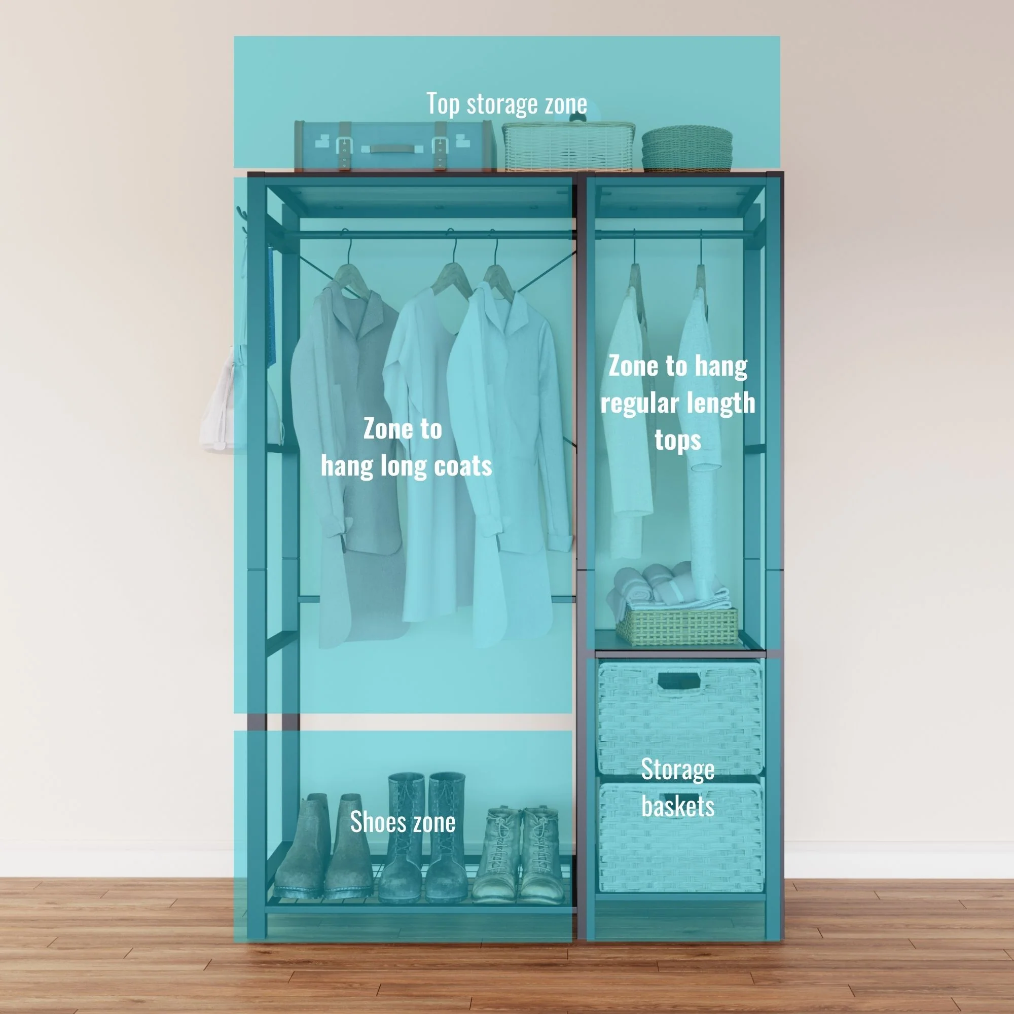 Garment Rack With Shelves, 2 Wicker Drawers, 4 Hooks, Organizer - Image 8