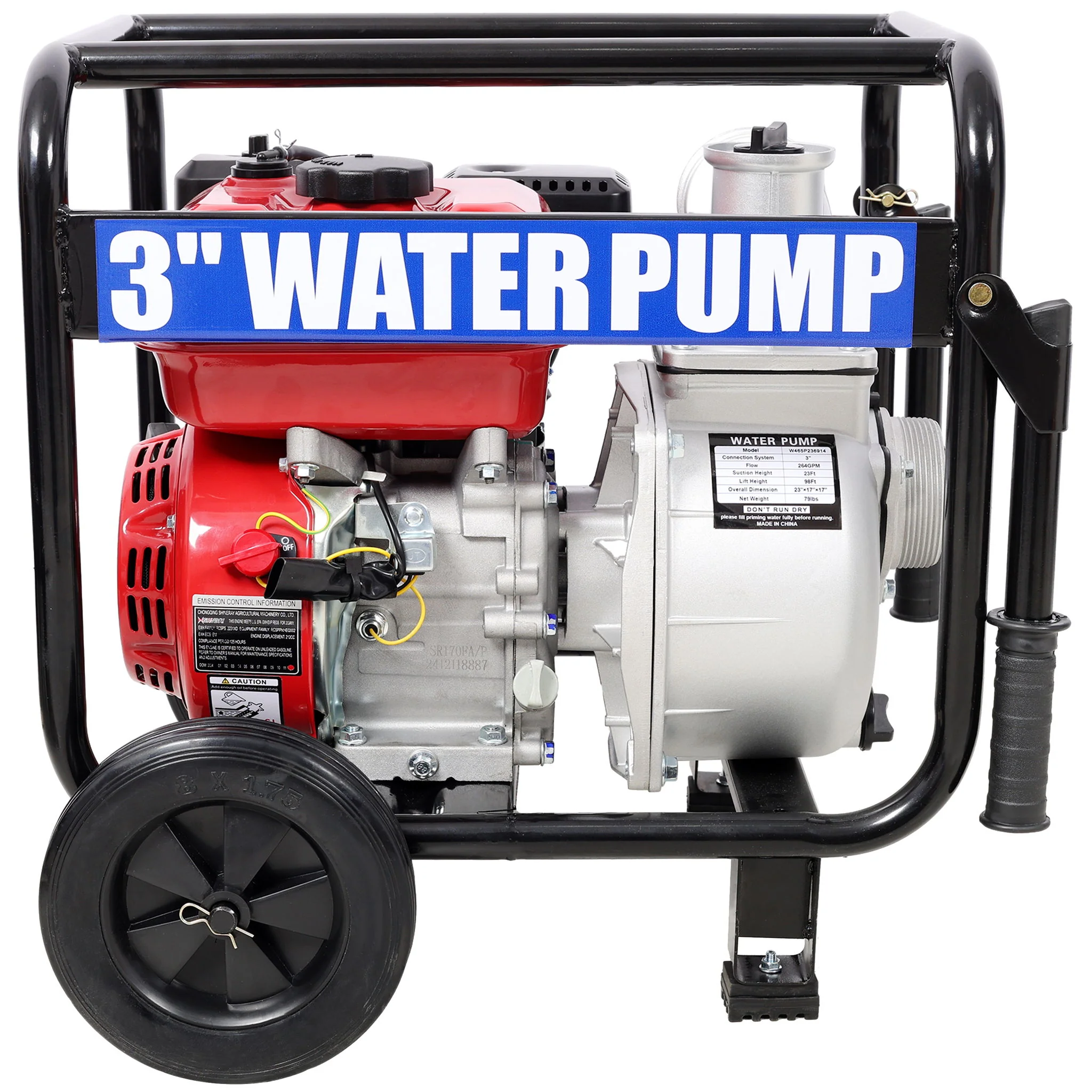 Gas Engine Powered Water Pump 3" Inlet & Outlet 7Hp 212Cc Epa Certified With Wheels And Handle - Black / Red - Image 2