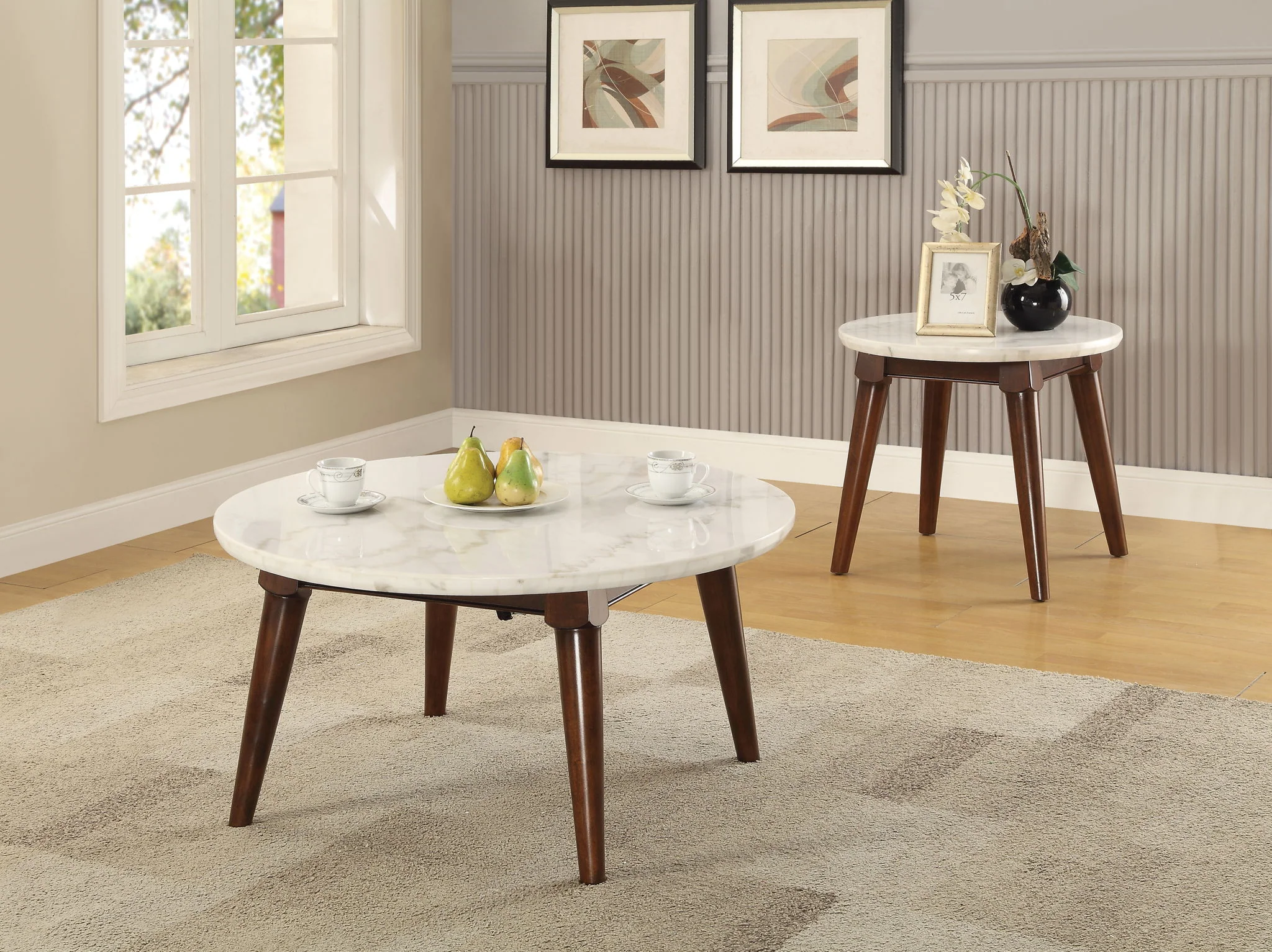 Gasha - Coffee Table - White Marble / Walnut - Image 2