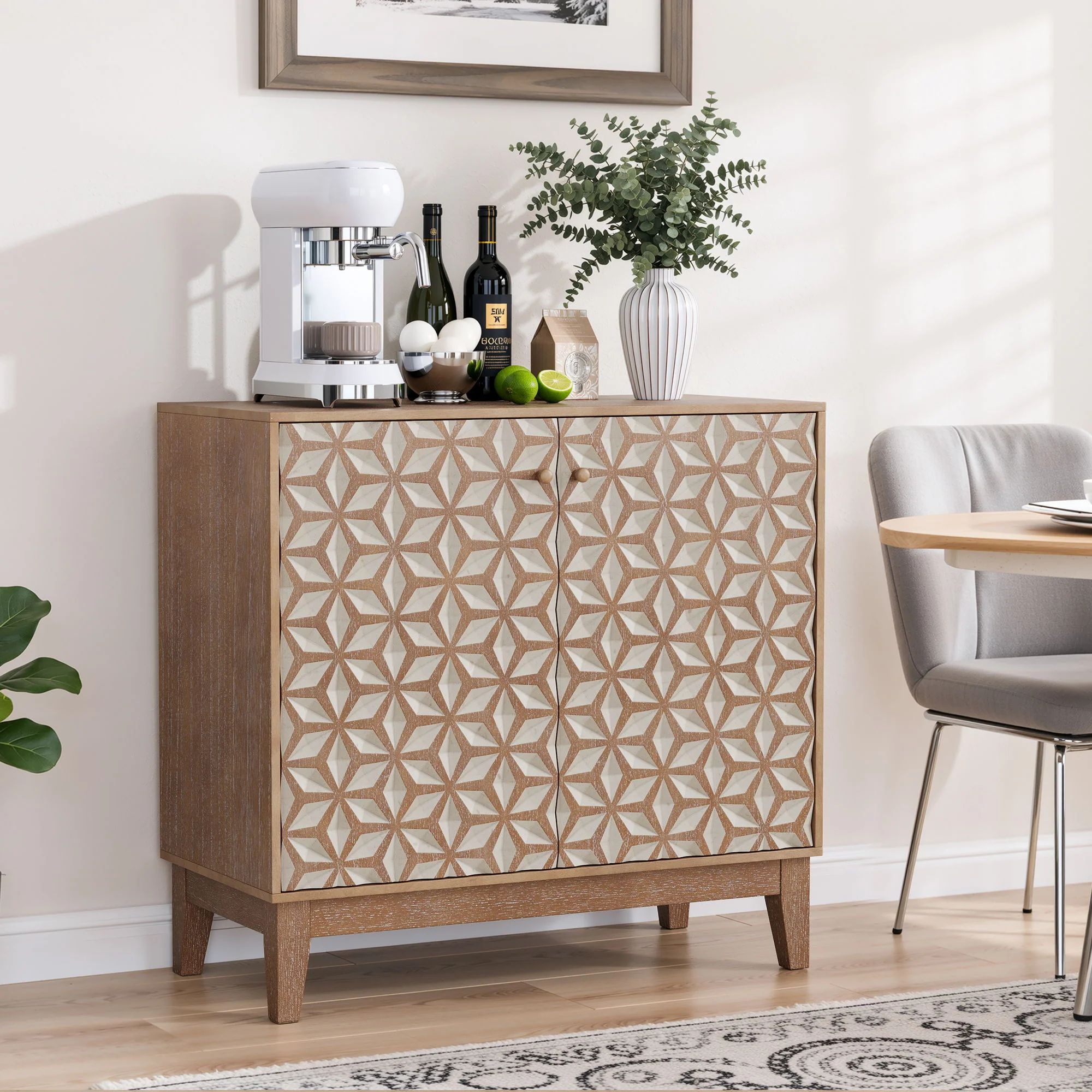 Geometric Design Sideboard With 2 Doors And Adjustable Shelves - Tangerine / Walnut - Image 2