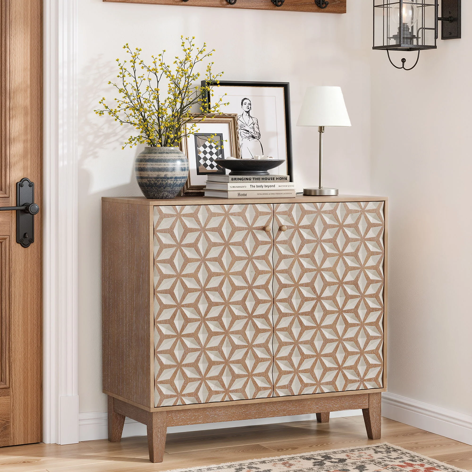 Geometric Design Sideboard With 2 Doors And Adjustable Shelves - Tangerine / Walnut - Image 4