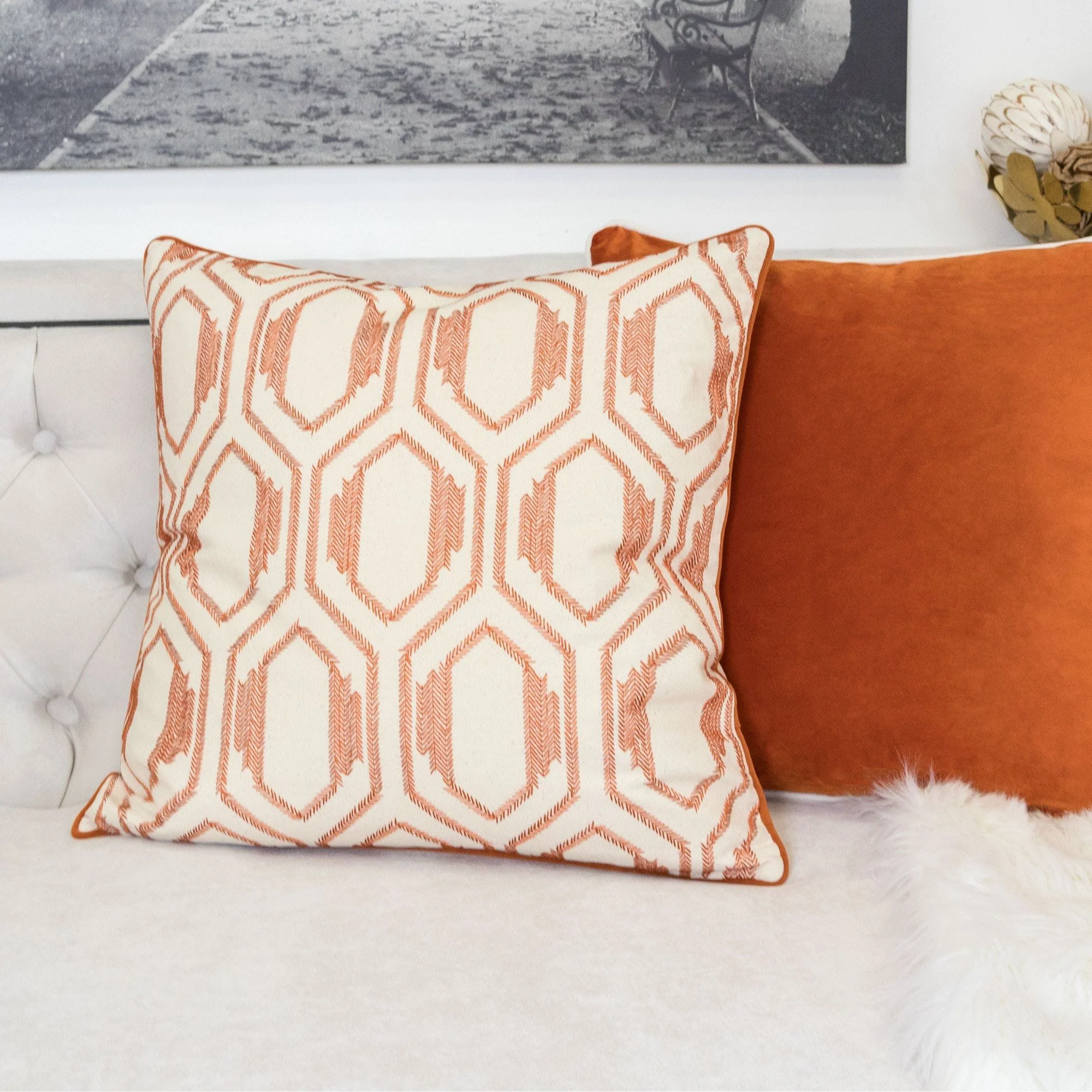 Geometric Embroidered Throw Pillow - Rust - Image 4