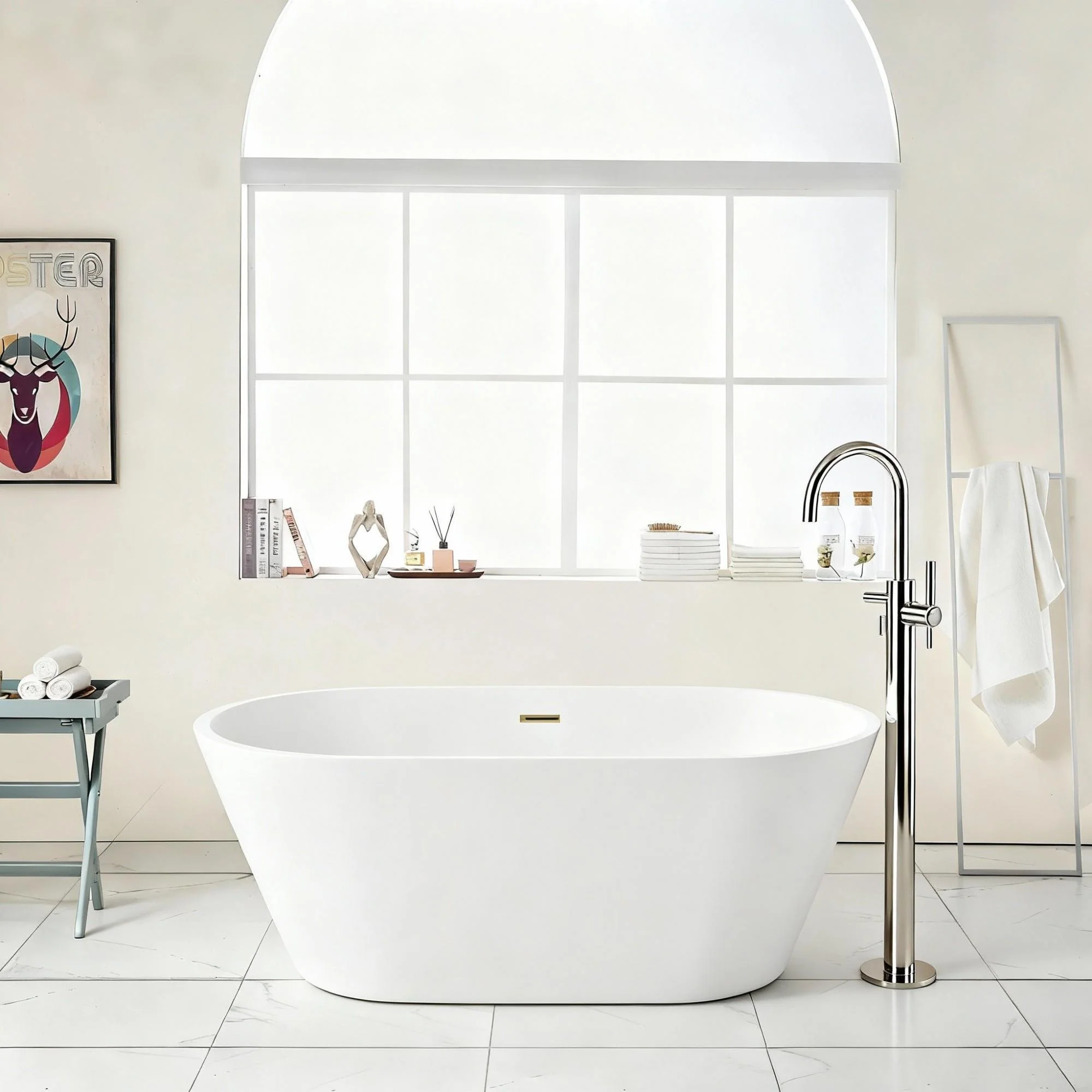 Gloss Freestanding Bathtub With Overflow And Pop Up Drain, Stand Alone Soaking Tub - Glossy White - Image 4