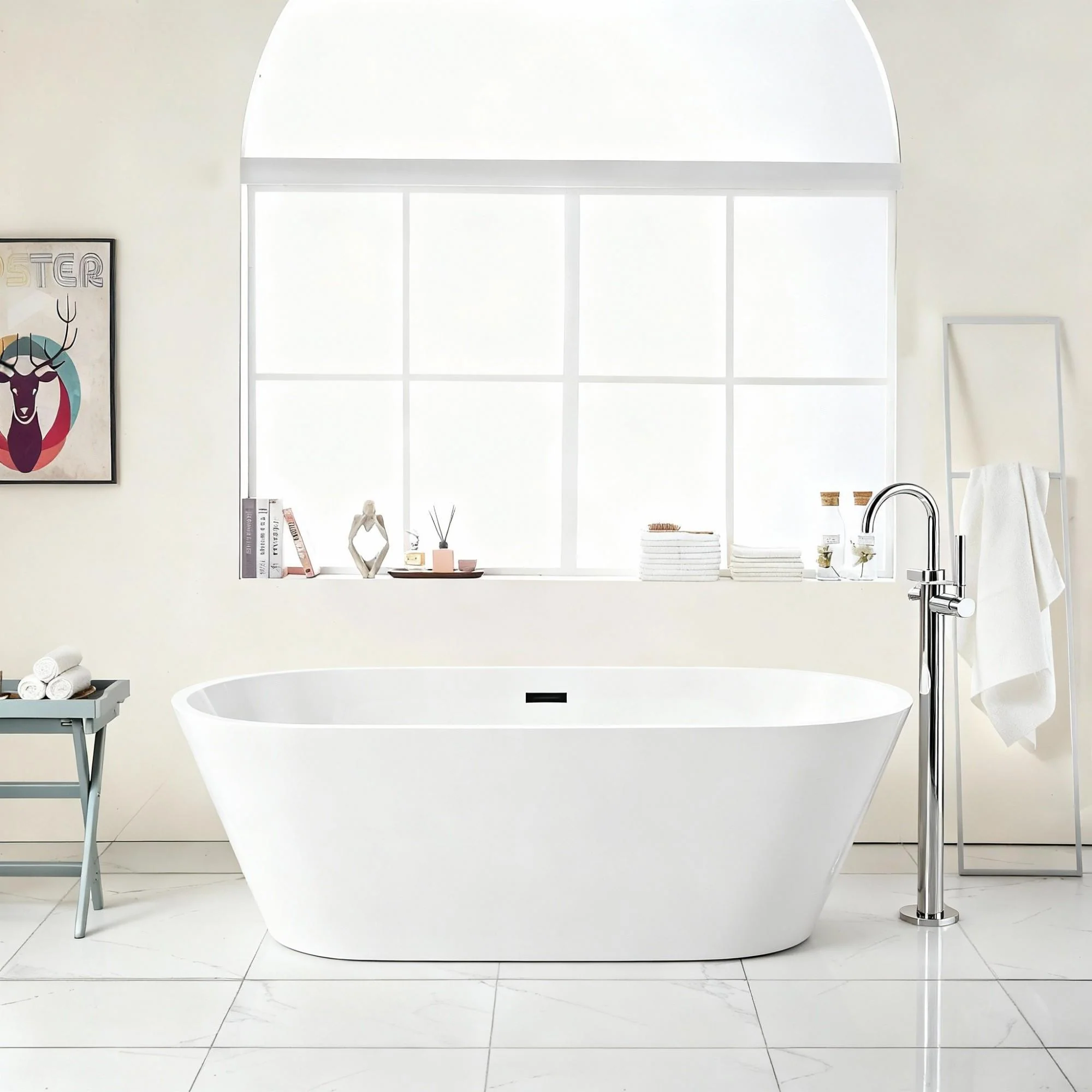 Gloss Freestanding Bathtub With Overflow & Pop Up Drain, Stand Alone Soaking Tub - Image 6