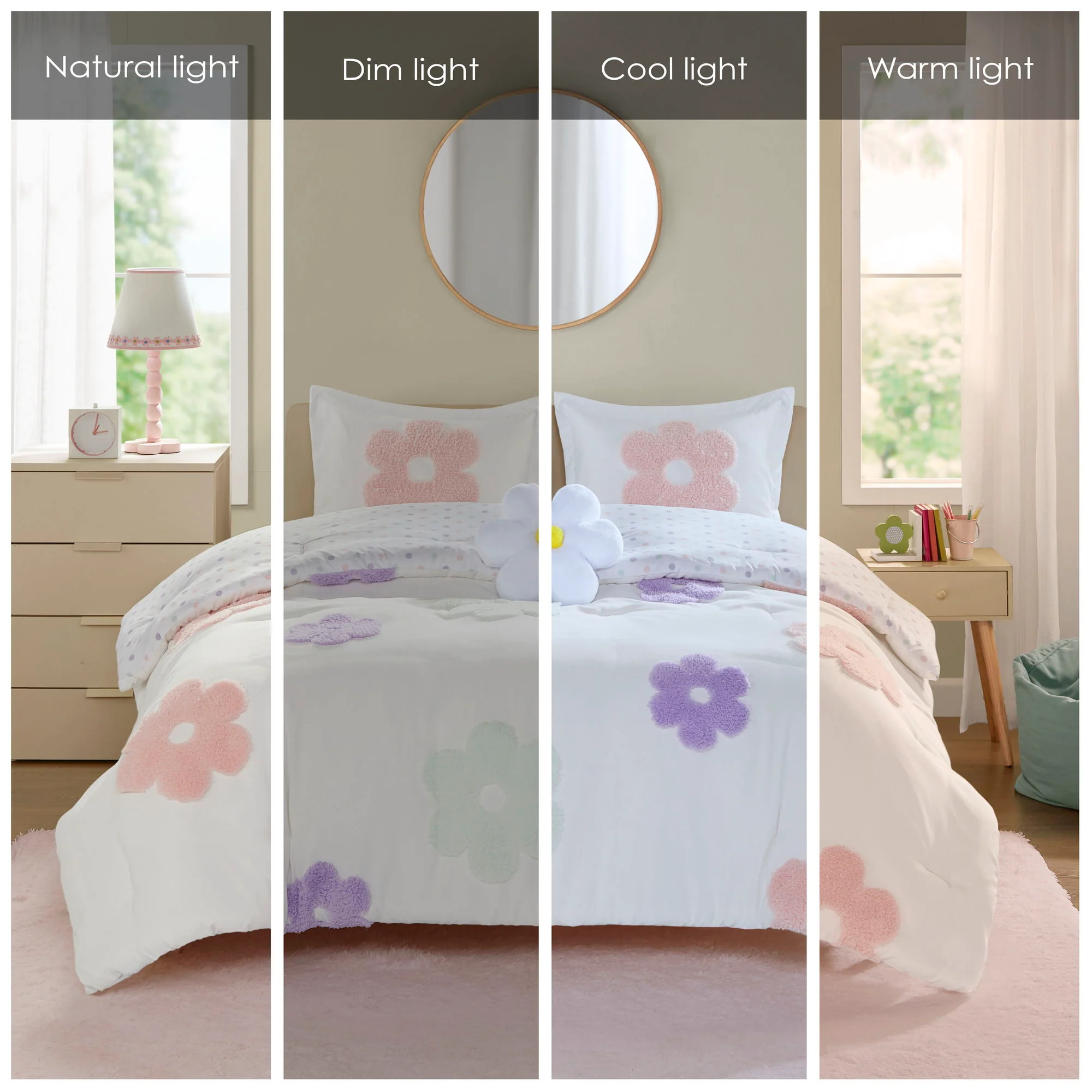 Gracie - Floral Reversible Tufted Chenille Comforter Set With Flower Throw Pillow - White / Purple - Image 3