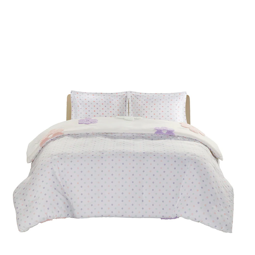 Gracie - Floral Reversible Tufted Chenille Twin Duvet Cover Set - White / Purple - Image 2