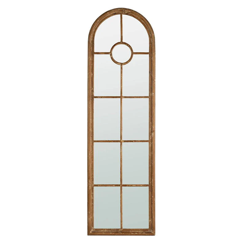 Half Round Elongated Mirror With Decorative Window Look Classic Architecture Style Solid Fir Wood Interior Decor - Brown - Image 2