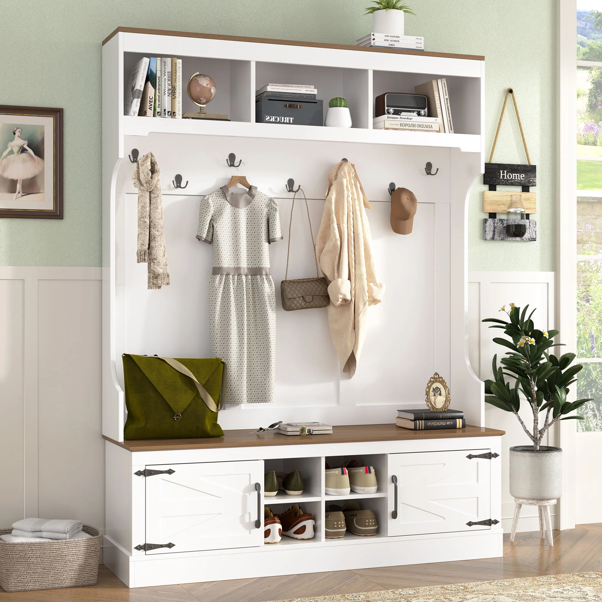Hall Tree With Bench And Shoe Storage, 5 In 1 Entryway Organizer Cabinet With Coat Rack, 4 Shoe Cubbies & 7 Hooks - White - Image 4