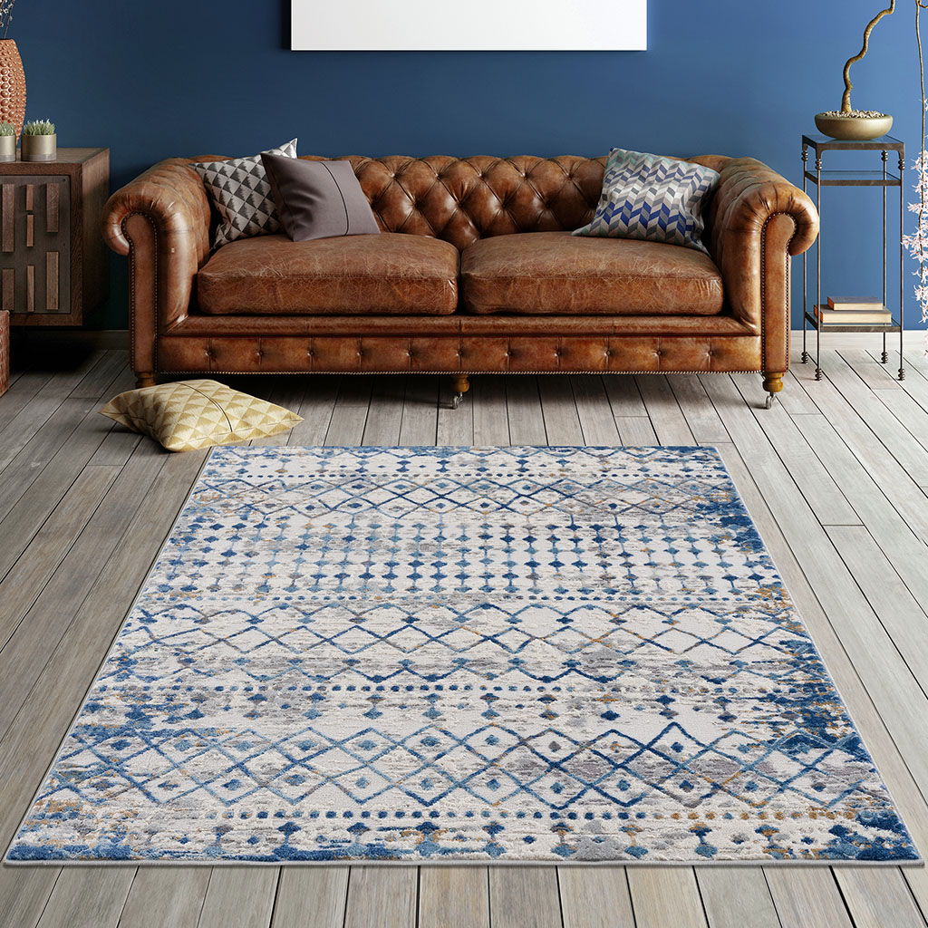 Hannah - 5' X 7' Moroccan Global Woven Area Rug - Blue / Cream - Image 4