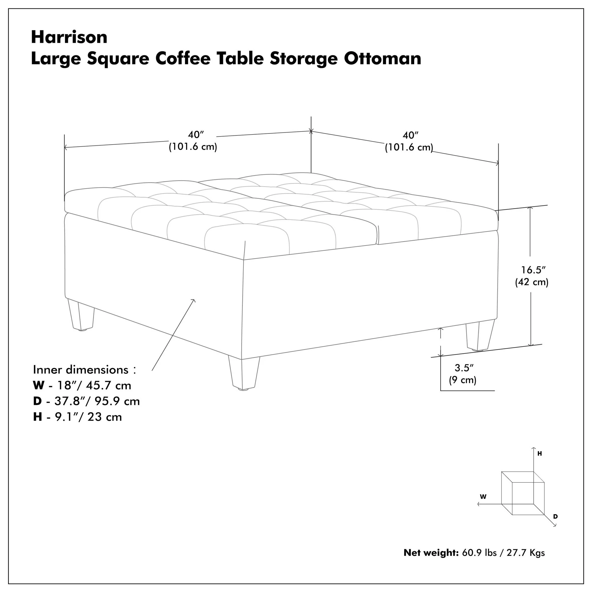 Harrison - Large Square Coffee Table Storage Ottoman - Black - Image 3