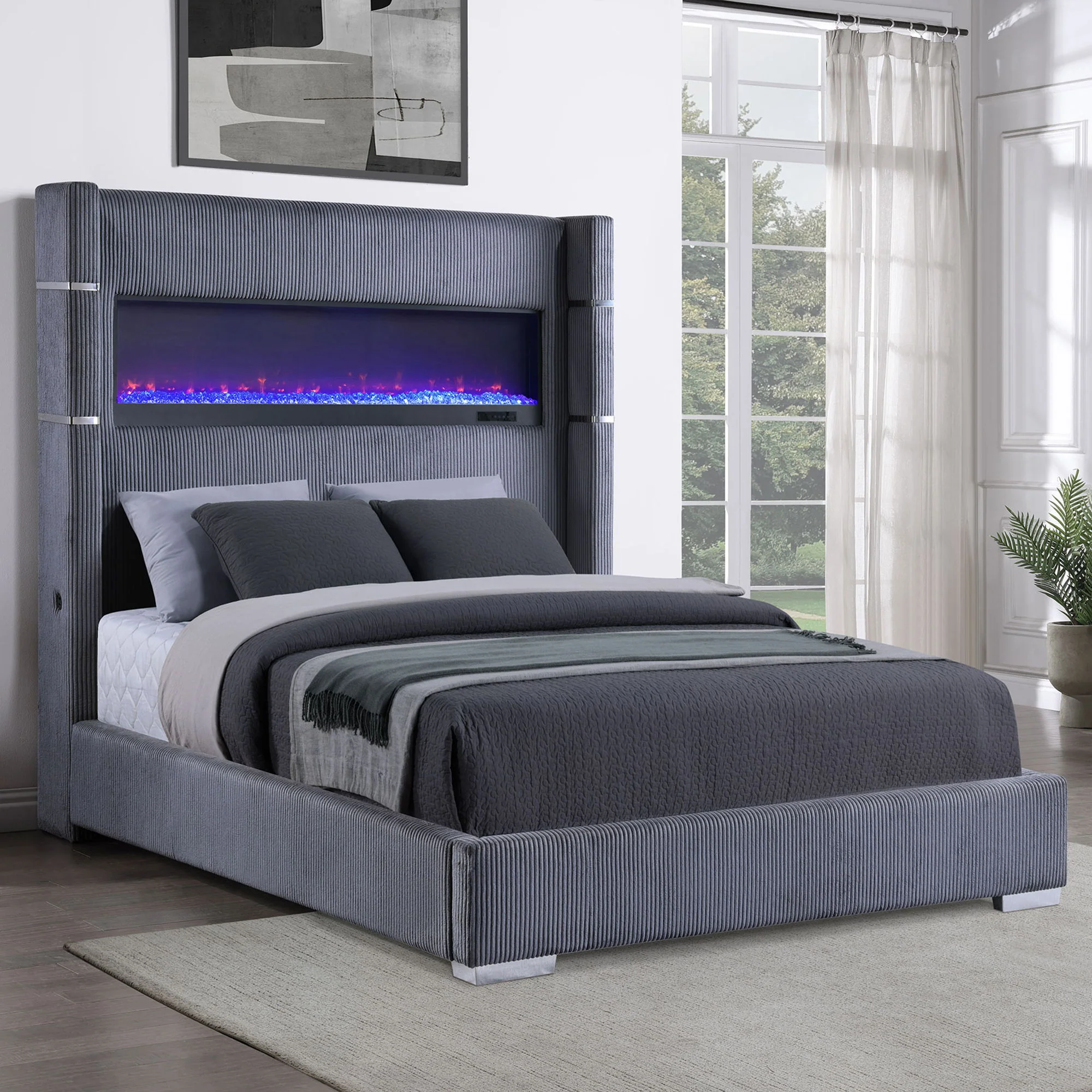 Haven - Upholstered Queen Bed With Integrated Flame Box - Gray - Image 2