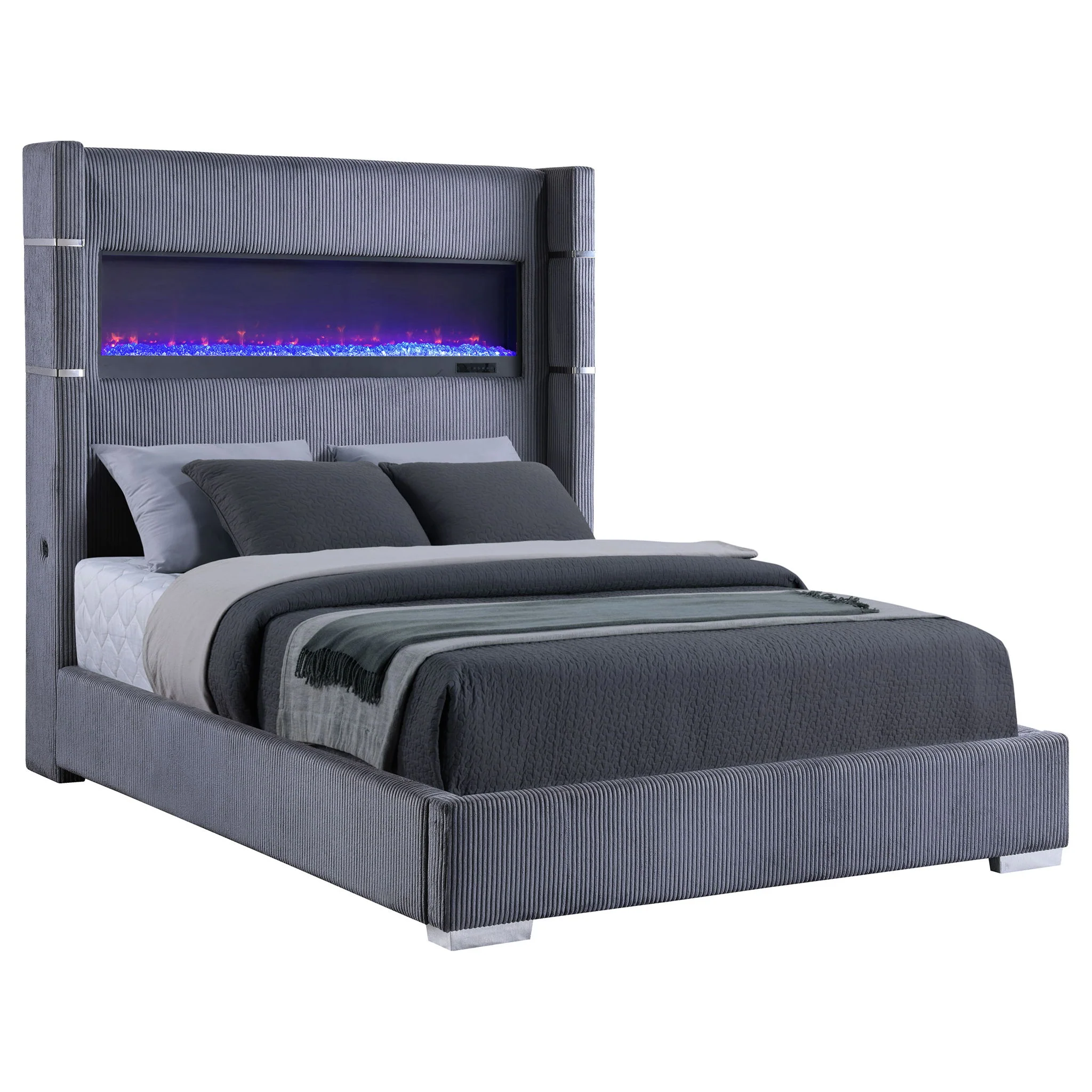 Haven - Upholstered Queen Bed With Integrated Flame Box - Gray - Image 4