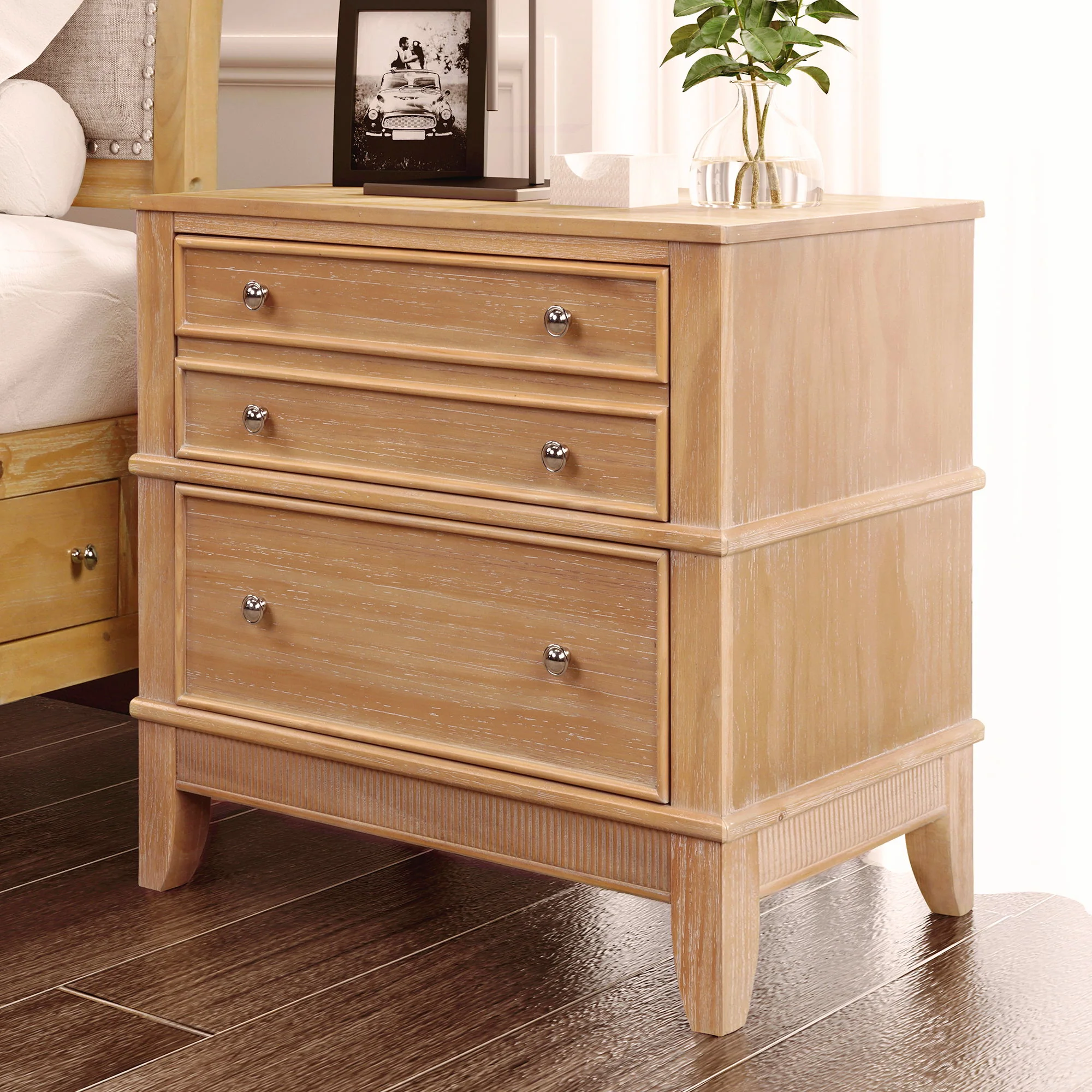 Hazel - 3 Drawer Side Table For Living Room, Hallway, Entryway Solid Wood With Silver Handles - Natural - Image 3