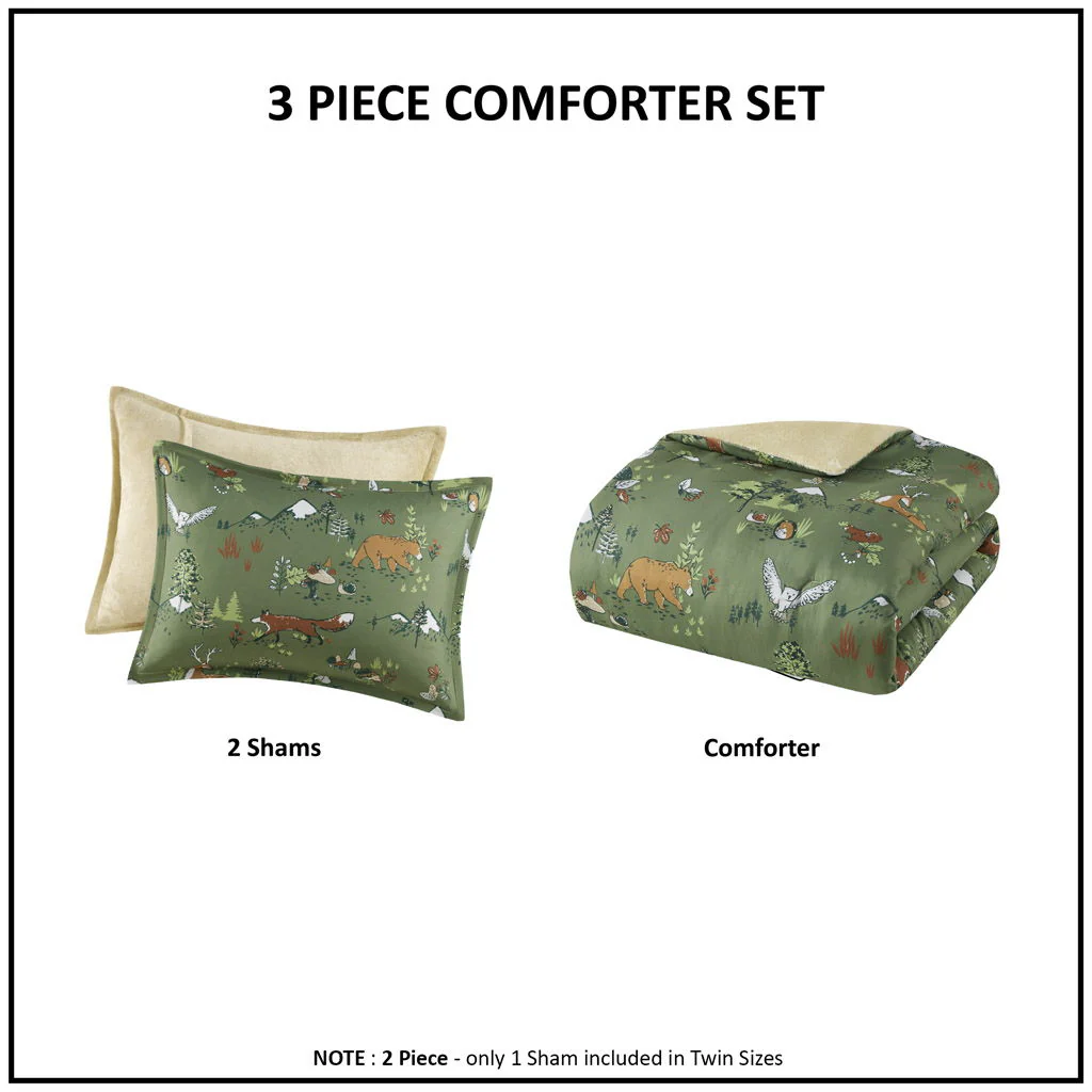 Heath - Forest Animals Plush Reversible Twin Comforter Set - Green - Image 3