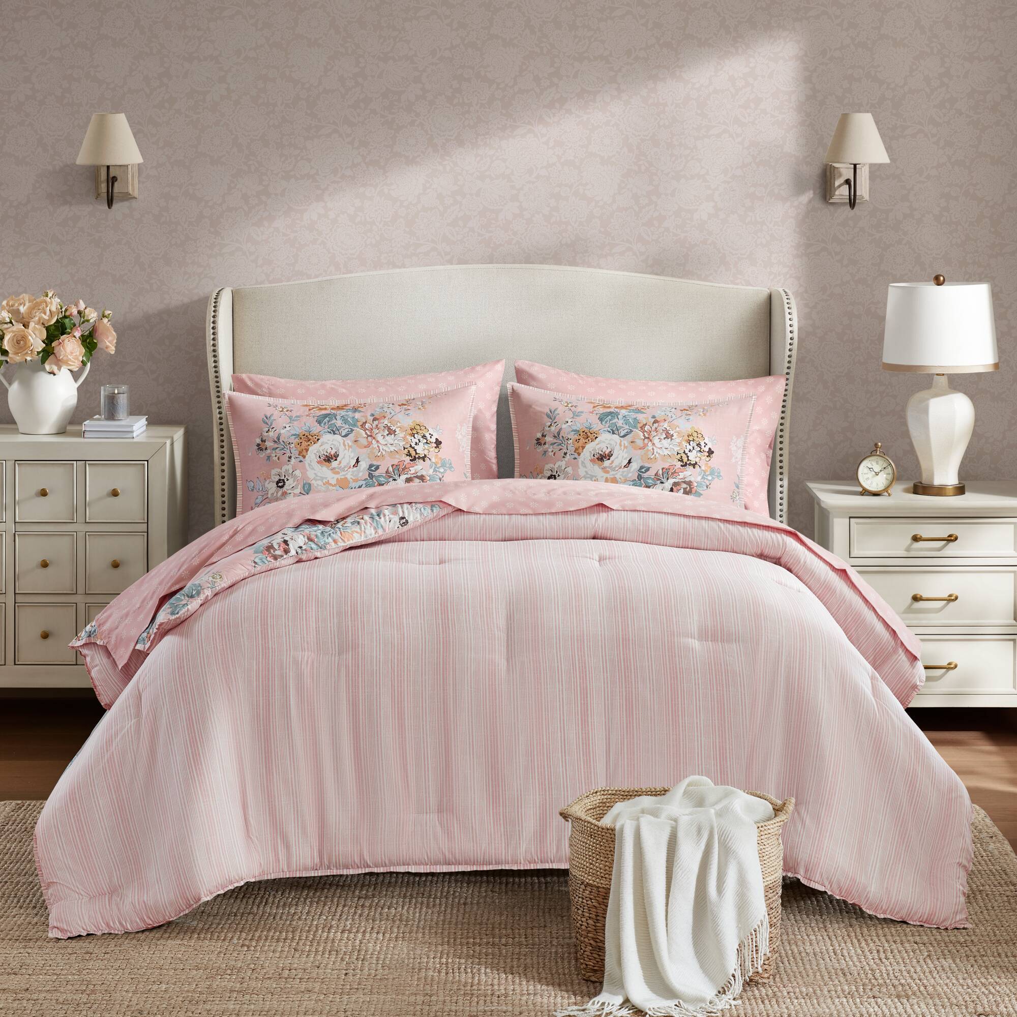 Heather - King 7 Piece Vintage-Inspired Floral Print - Pink - Image 3