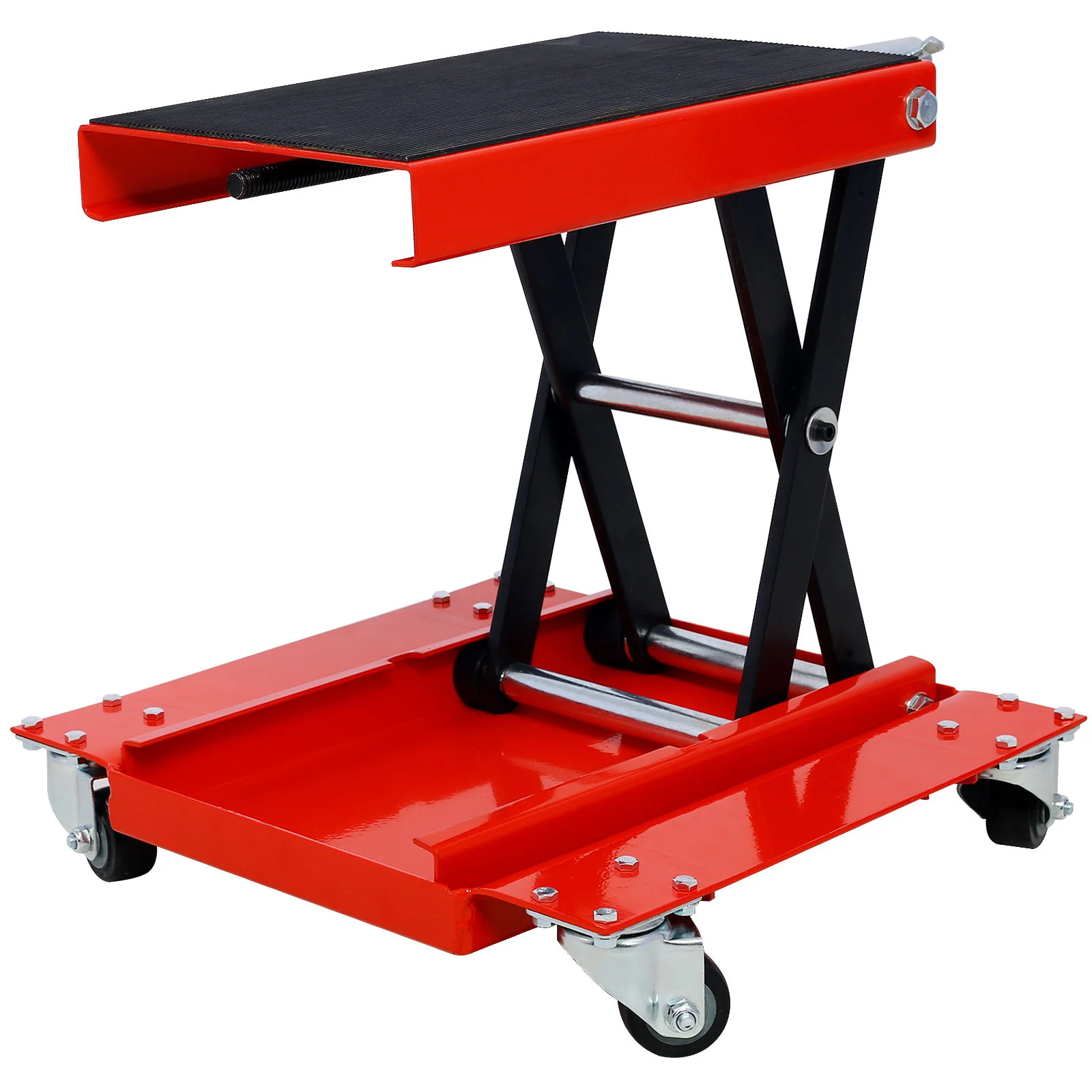 Heavy Duty Motorcycle Lift Jack With Dolly Tray And Wide Deck - Red - Image 3