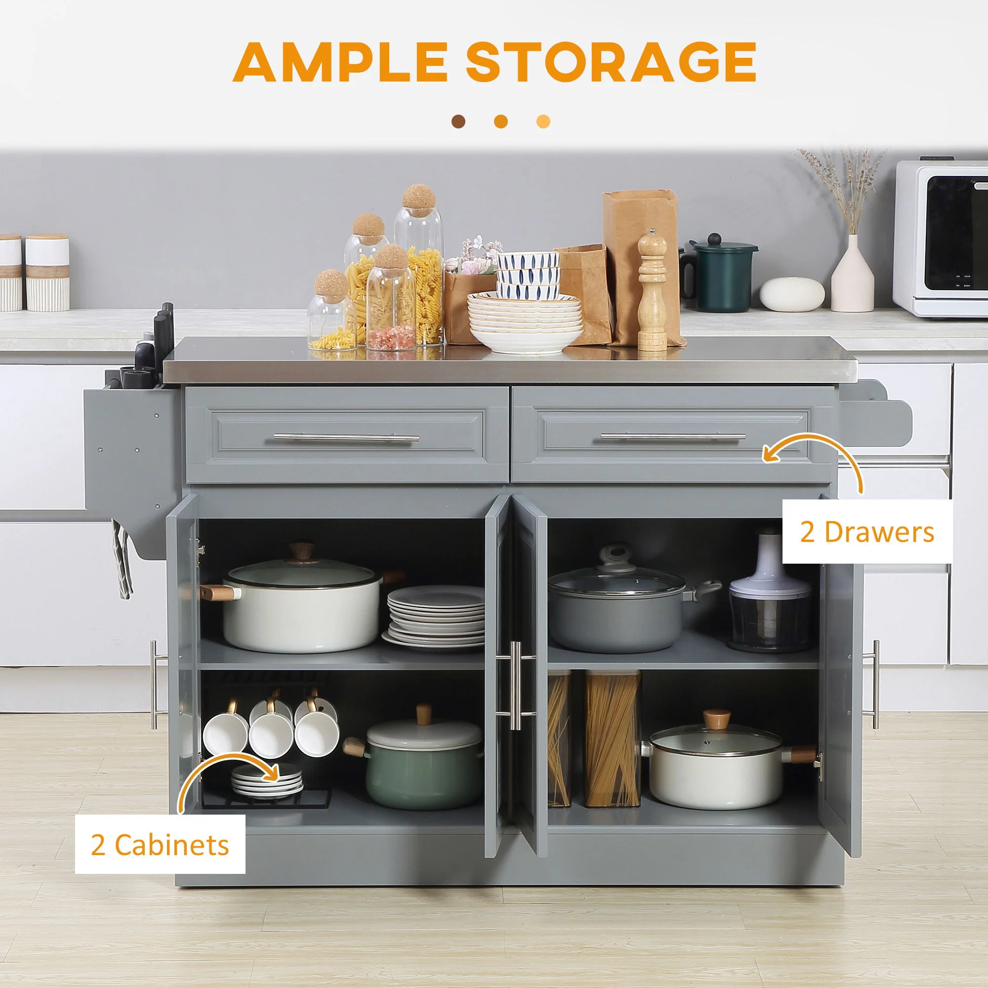Homcom - Rolling Kitchen Island With Storage, Portable Kitchen Cart With Stainless Steel Top, 2 Drawers, Spice, Knife And Towel Rack And Cabinets - Image 8