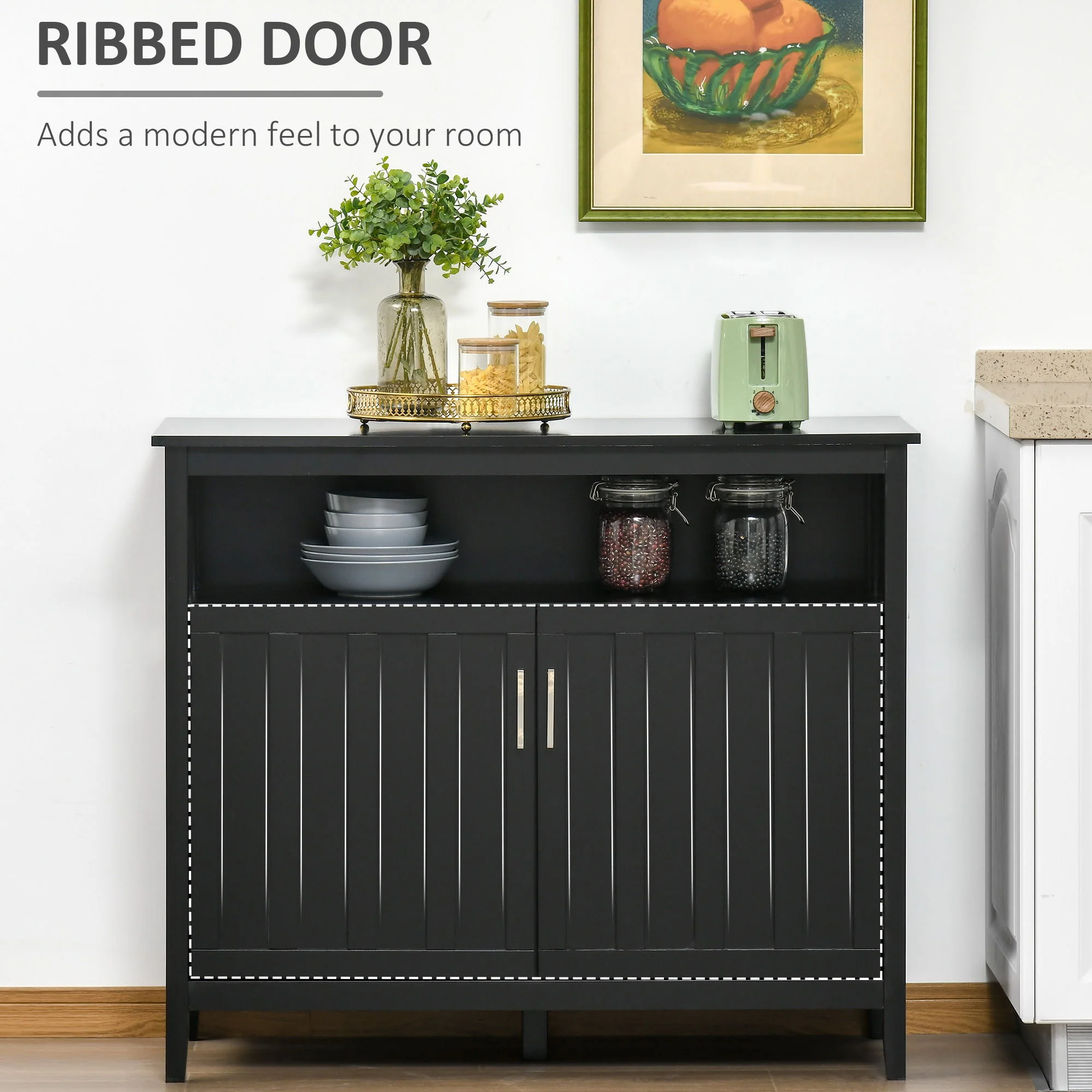 Homcom - Sideboard Buffet Cabinet, Kitchen Cabinet, Coffee Bar Cabinet With 2 Doors And Adjustable Shelves For Entryway Living Room - Black - Image 2