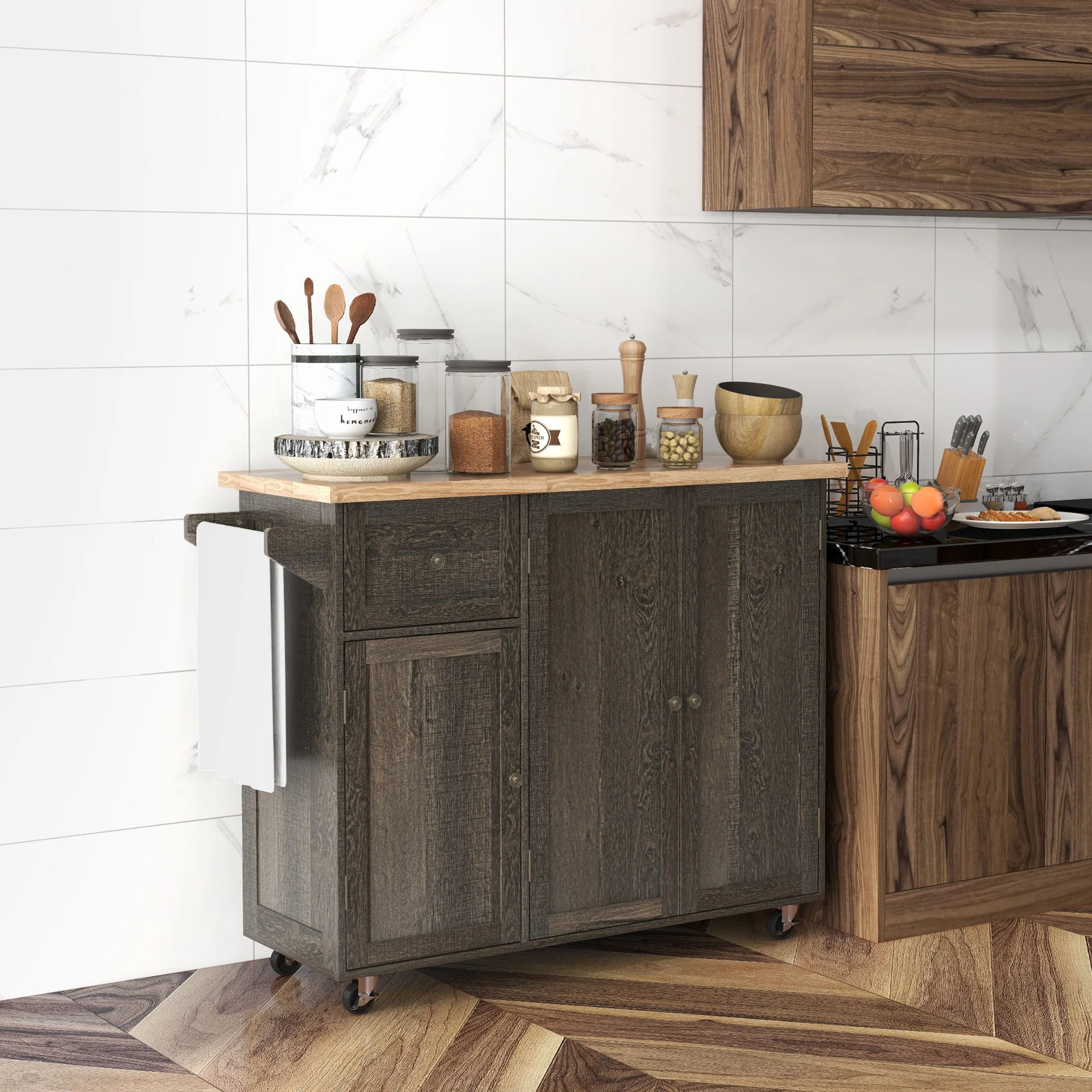 Homcom - Triple-Cabinet Rolling Kitchen Island On Wheels, Kitchen Cart With Storage Shelf Adjustment, Rolling Utility Cart With Wood Top, Towel Rack, Big Drawer - Distressed Brown - Image 2