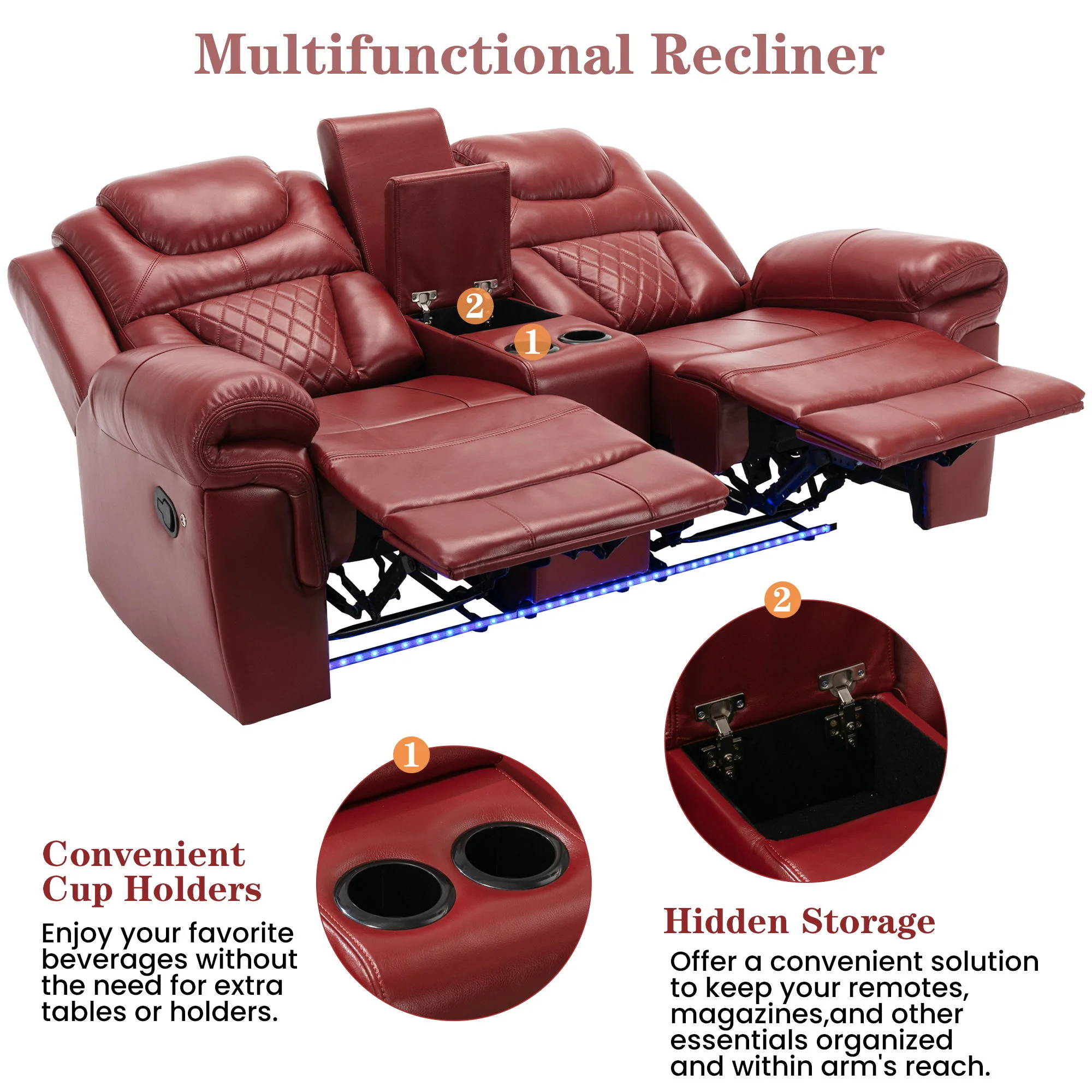 Home Theater Seating Manual Recliner Chair With Center Console And LED Light Strip For Living Room - Red - Image 2