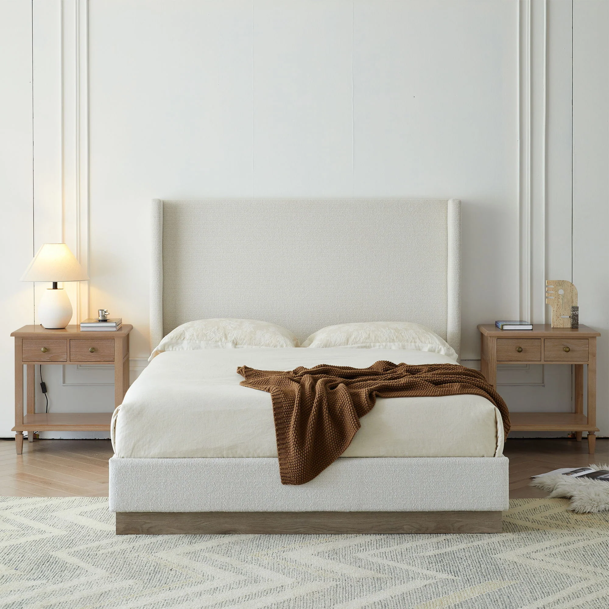 Hosford - Minimalist Upholstered Wingback Bed With Wood Base Platform - Image 11