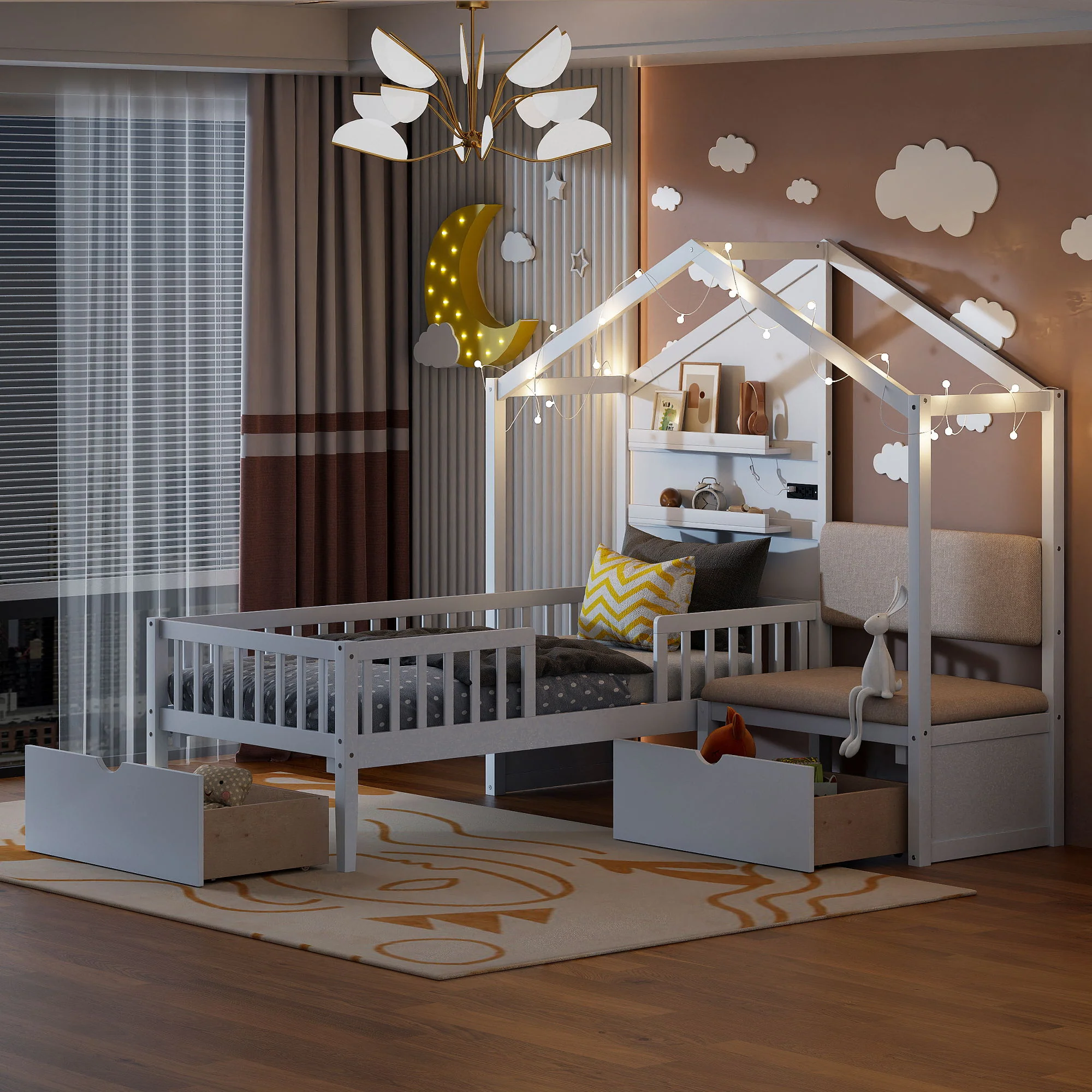 House Bed With Upholstered Sofa, Wireless Charging Station, Shelves And 2 Drawers - Image 6