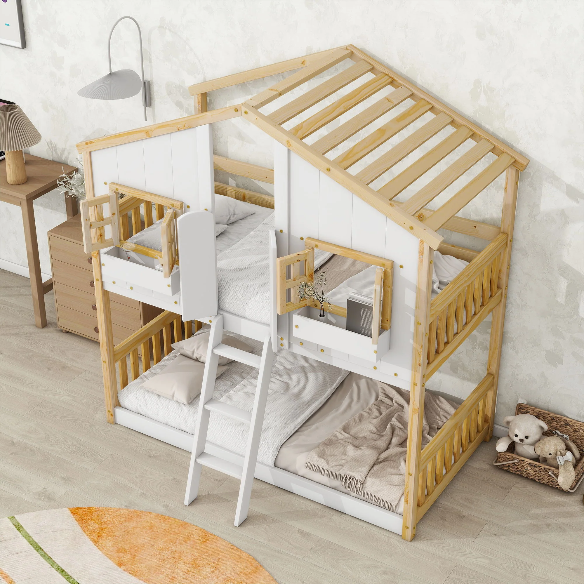 House Bunk Bed With Roof, Window, Window Box, Door, With Safety Guardrails And Ladder - Image 6