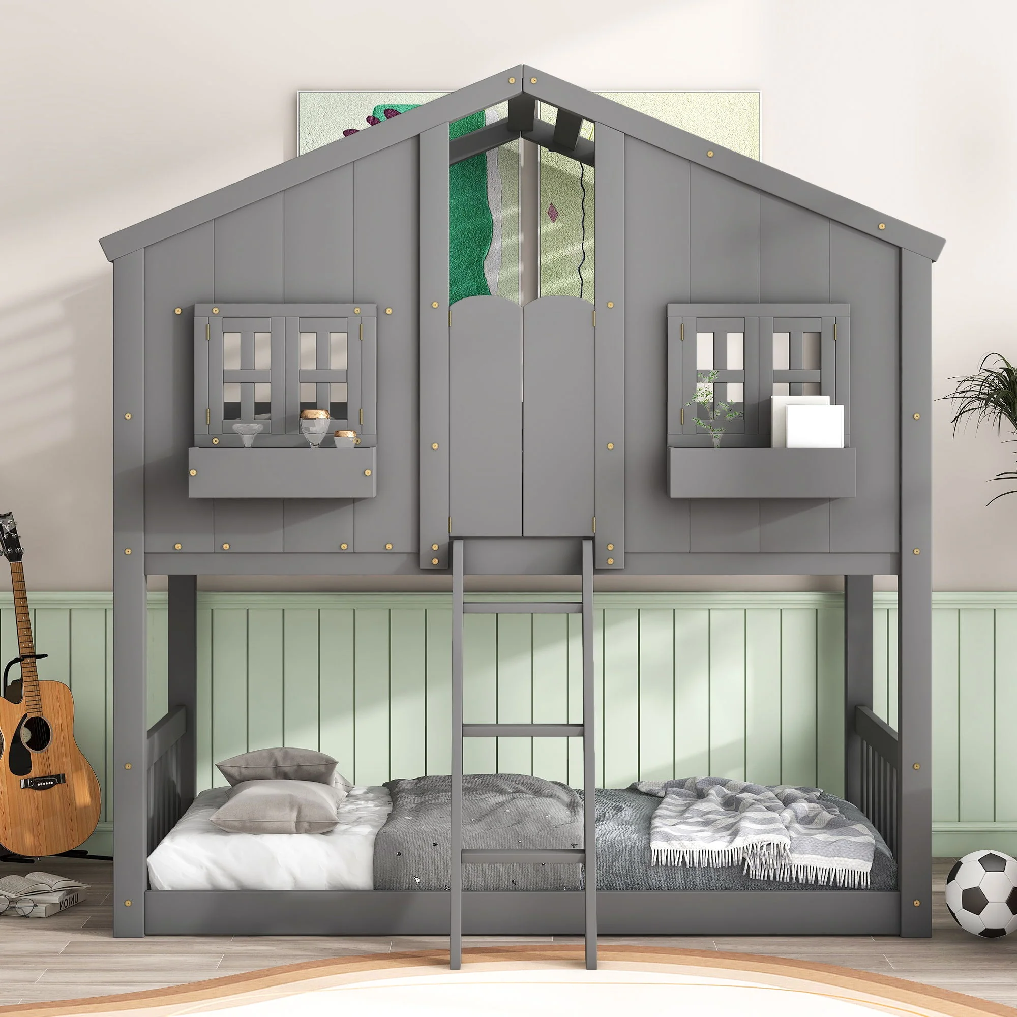 House Bunk Bed With Roof, Window, Window Box, Door, With Safety Guardrails And Ladder - Image 9