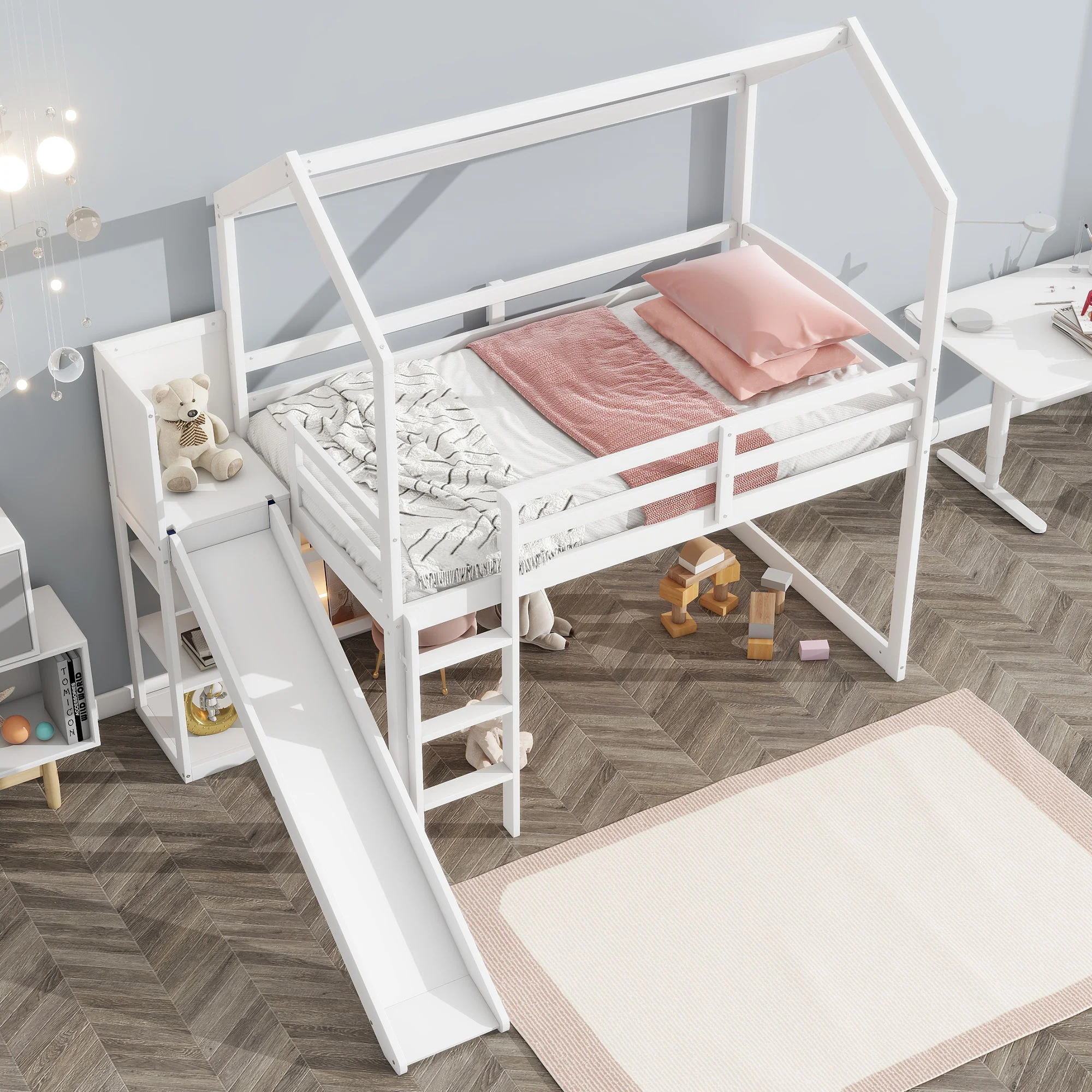 House Loft Bed With Slide, Storage Shelves And Light, Climbing Ramp - Image 6