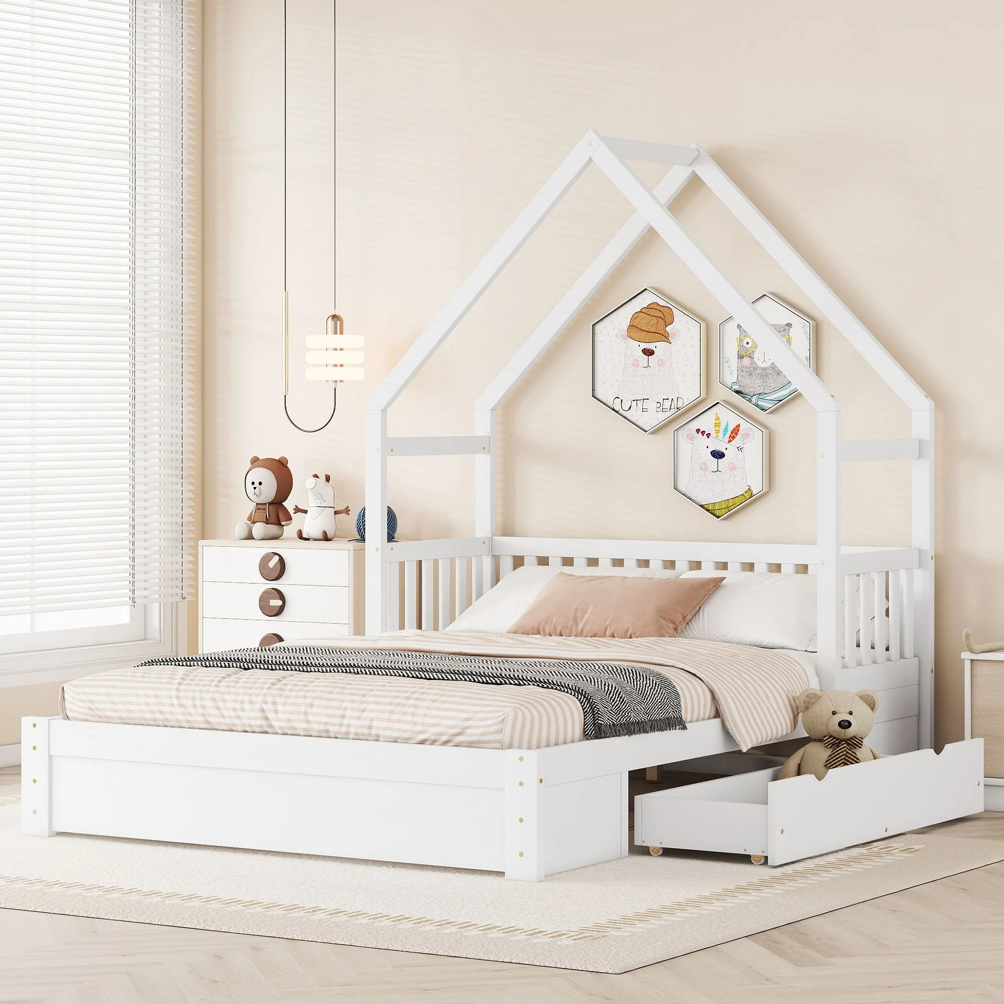 House Style Platform Bed With Guardrail And 2 Drawers - Image 6