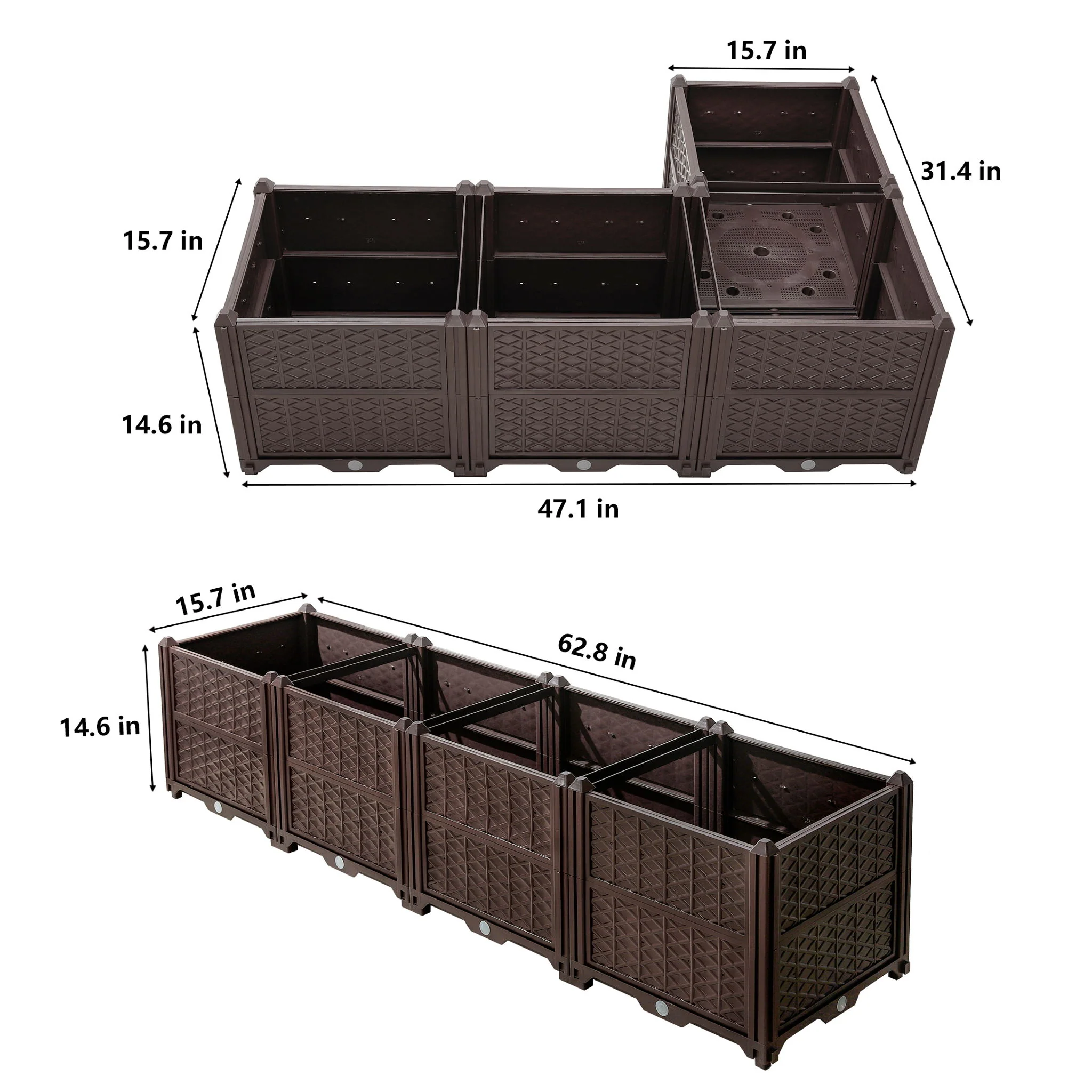 Indoor / Outdoor Rectangular Plastic Planting Box Kit For Vegetables, Herbs, Flowers & Succulents, Coffee, Polypropylene, 62.80" - Coffee - Image 3