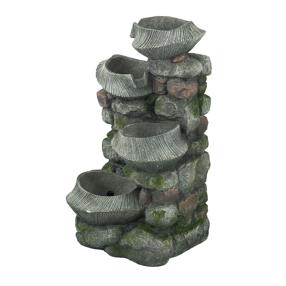 Indoor Outdoor Stone Water Fountain, 4 Tier Polyresin Cascading Rock Bowl Freestanding Fountain With LED Ligh - Gray - Image 4