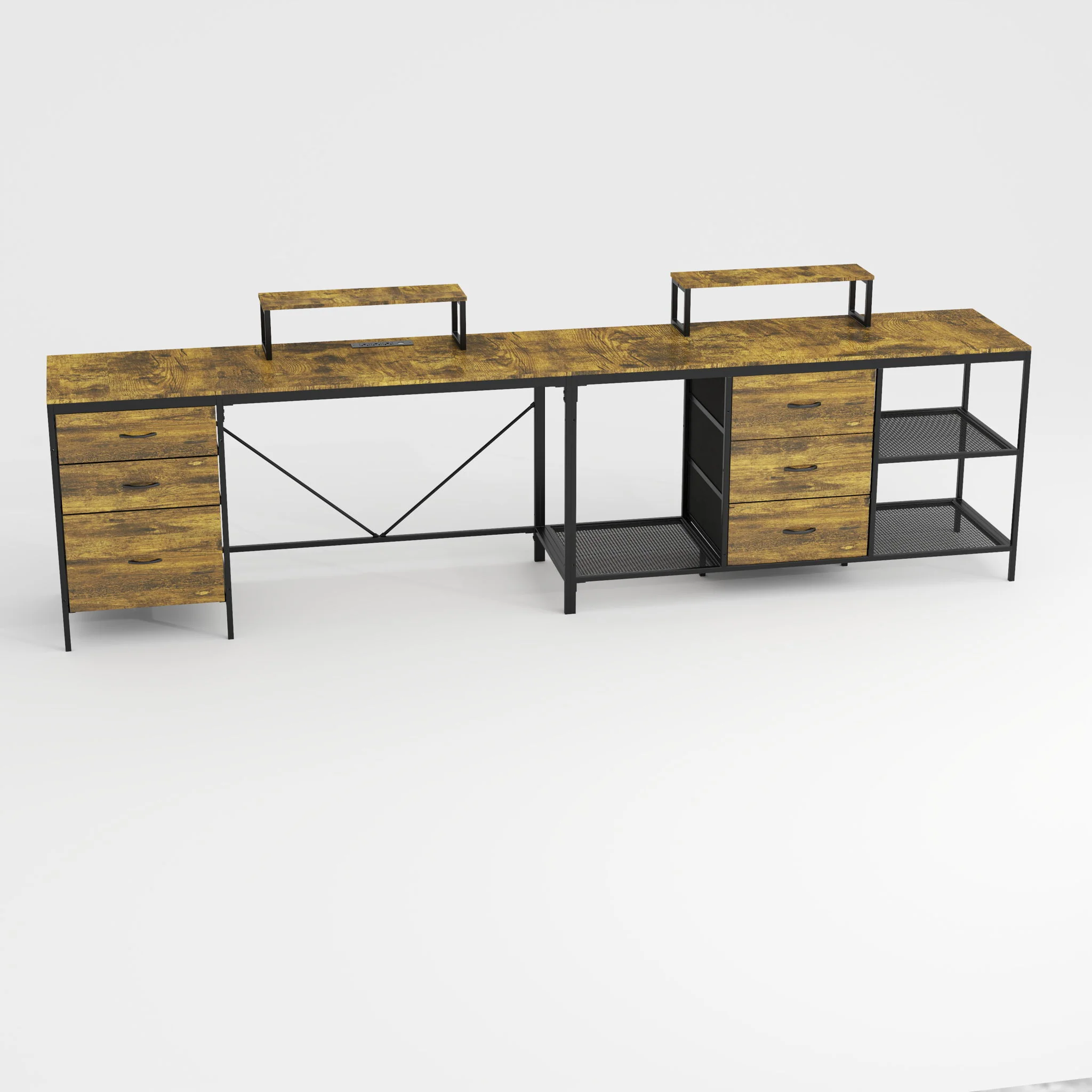 Industrial L Shaped Computer Desk With Power Outlets & USB-C, 6 Fabric Drawers, 3 Open Shelves, Movable Monitor Stands - Brown - Image 4