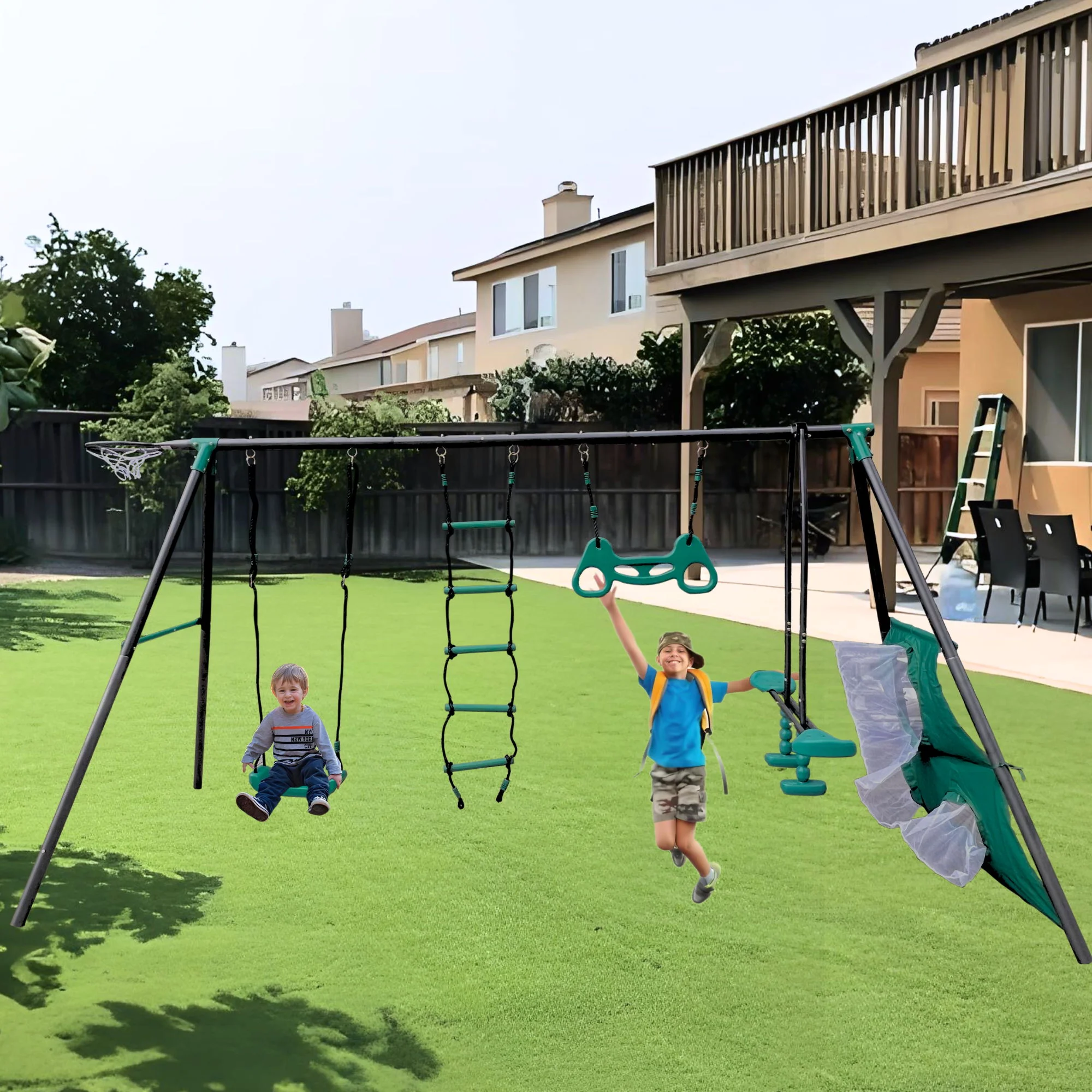 Interesting Four Function Swingset With Face To Face Metal Plastic Safe Swing Seat 550Lbs For Outdoor Playground For Age 3+ - Blackish Green - Image 3