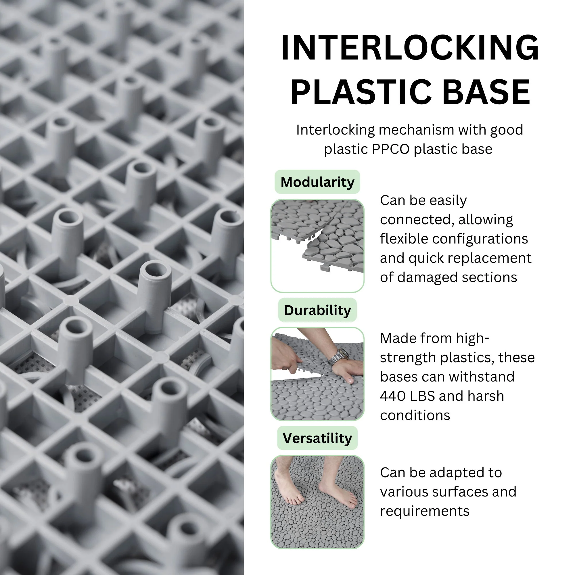 Interlocking Deck Tiles Plastic Waterproof Outdoor All Weather Anti-Slip Bathroom Shower Balcony Porch Strong Weight Capacity Upto 440 Lbs, Pebble Stone Pattern - Image 7