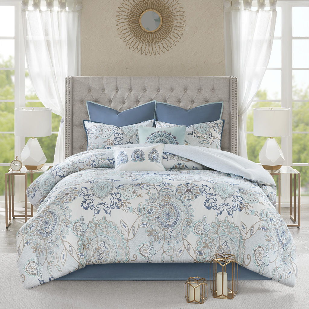Isla - Queen 8 Piece Printed Reversible Comforter Set - Blue - Image 4